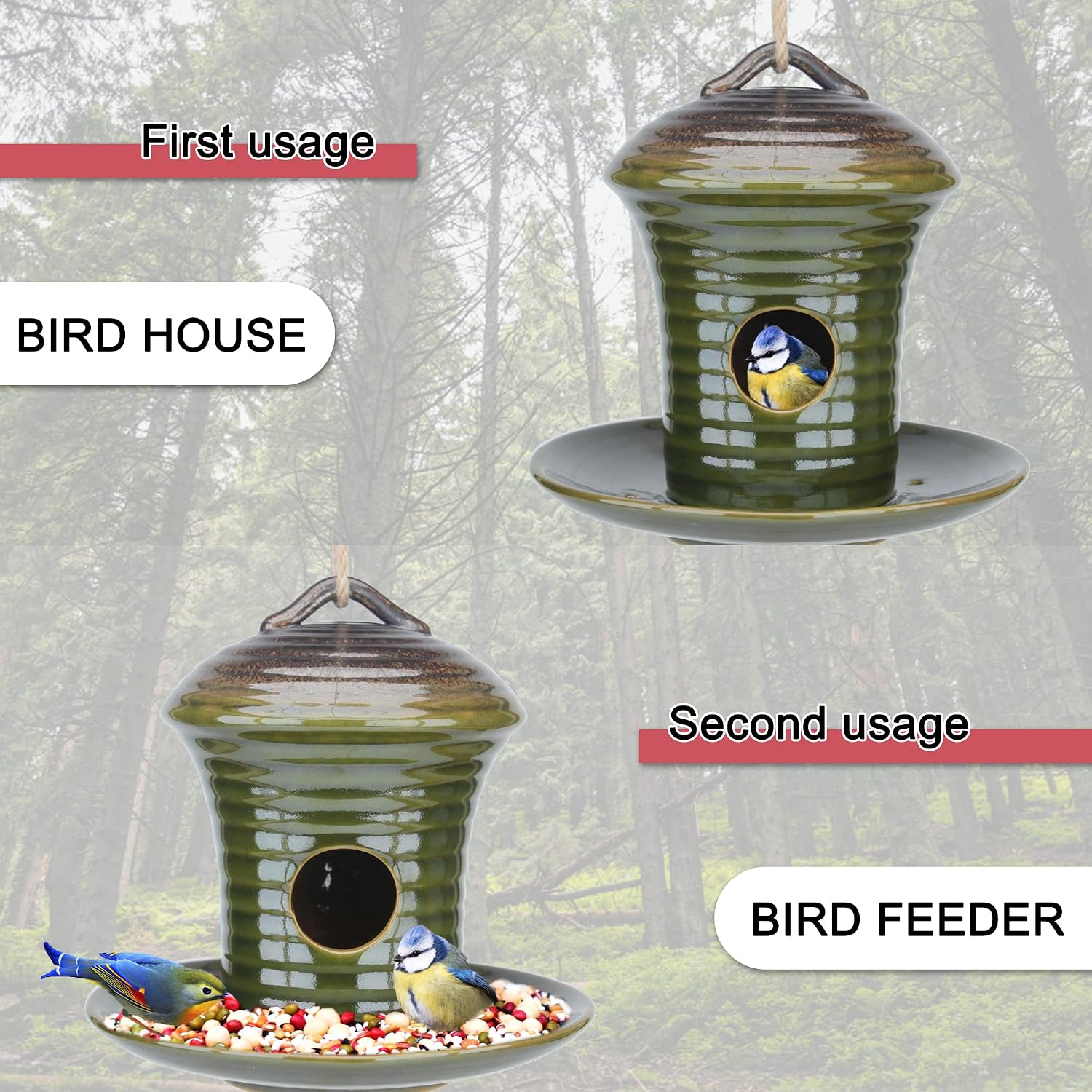 Kimdio Birdhouse Ceramic Hanging Birdhouses Bird Hut Hanging Outdoor Birdhouse for Wild Birds, Finch, Cardinal, and Bluebird - Blue