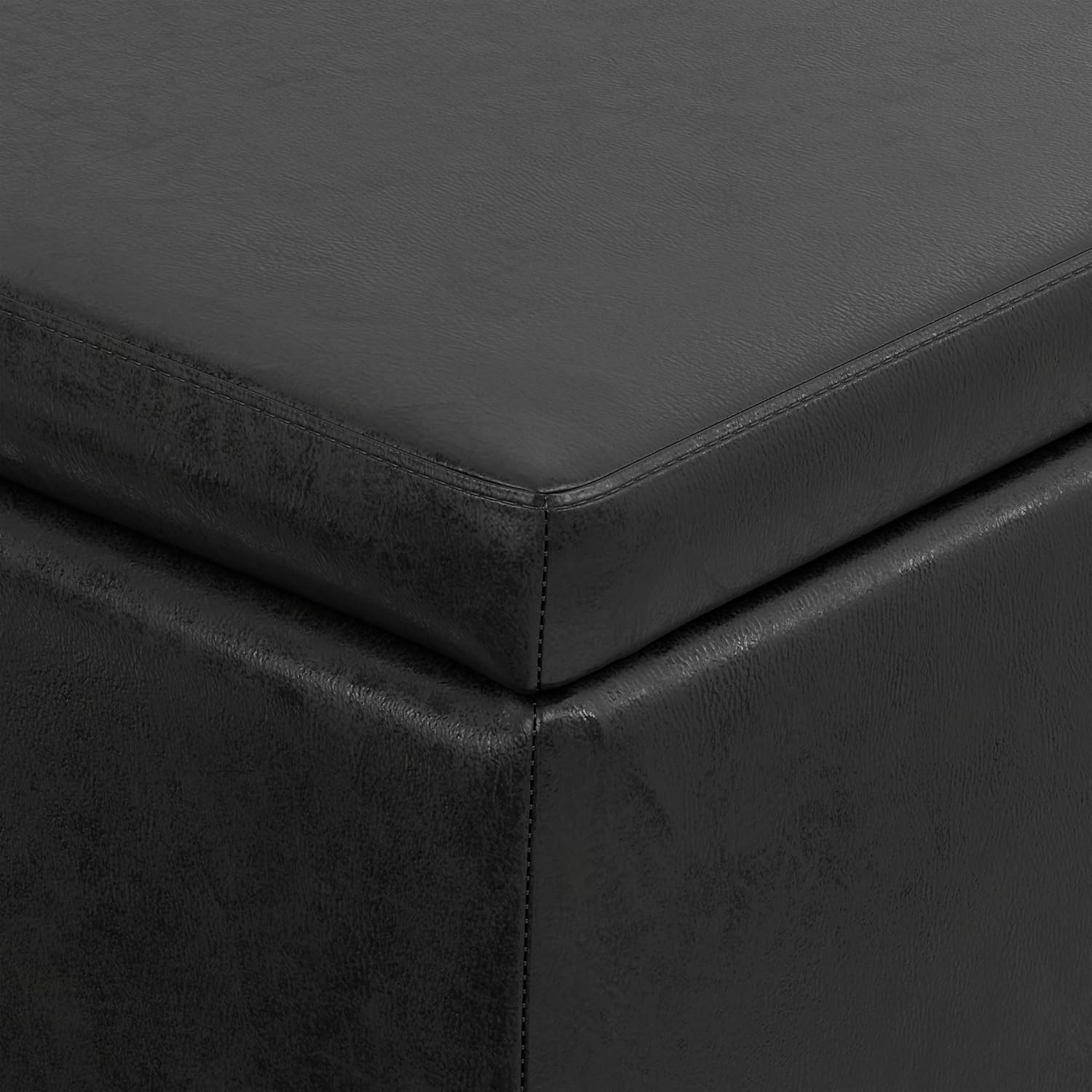SIMPLIHOME Avalon 48" Wide Vegan Leather Storage Ottoman in Brown