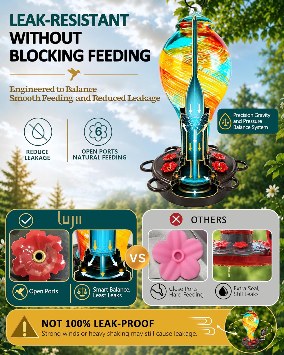 LUJII Hummingbird Feeder, Hand Blown Glass Hummingbird Feeder, Never Fade, 36 Fluid Ounces, 5 Feeding Metal Stations, Much Bigger, Garden Backyard Decorative, Containing Ant Moat (Blue)