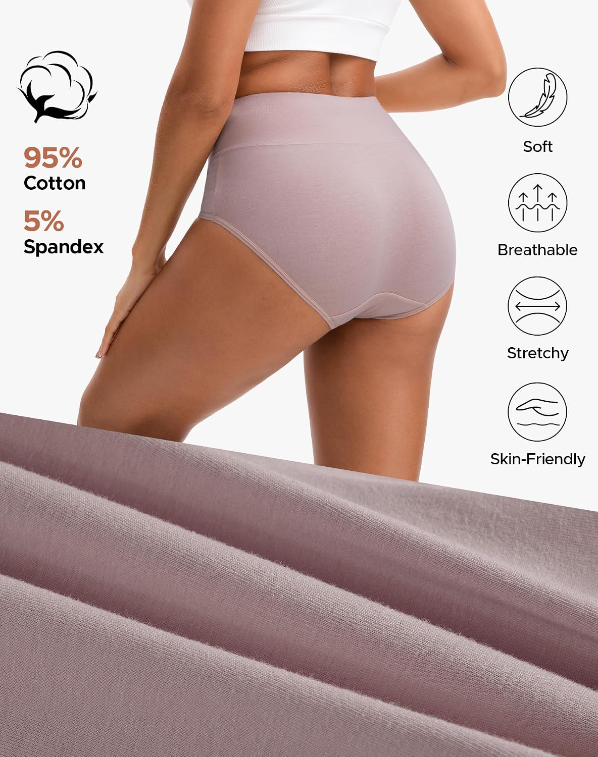 INNERSY Women's High Waisted Underwear Cotton Panties Regular & Plus Size 5-Pack