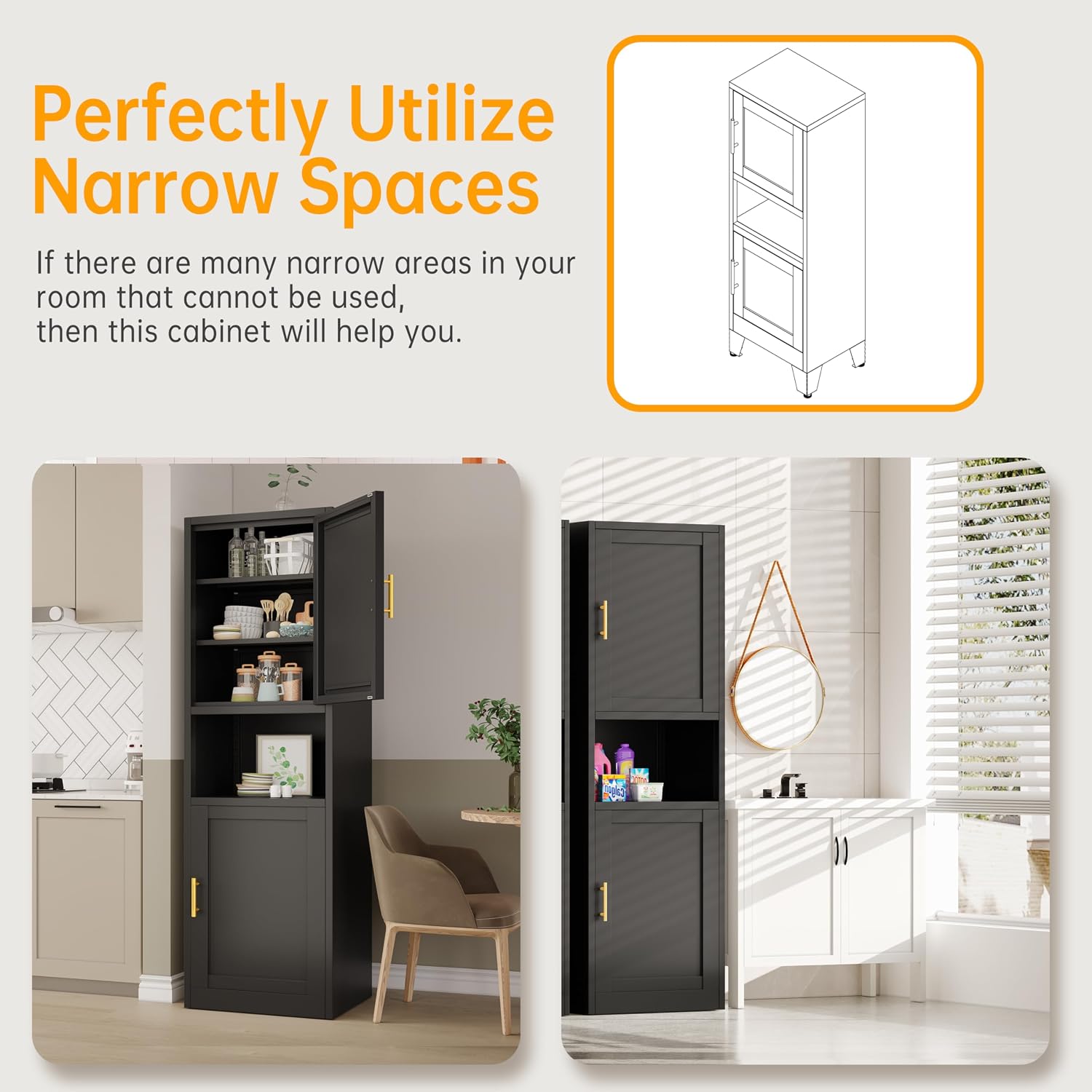 Ckzbx Tall Narrow Storage Cabinet 66.93" H Tall Bathroom Cabinet Metal Pantry Cabinets, 4 Adjustable Shelves for Kitchen, Home Office, Living Room, Dinning Room (20 inches Wide White)