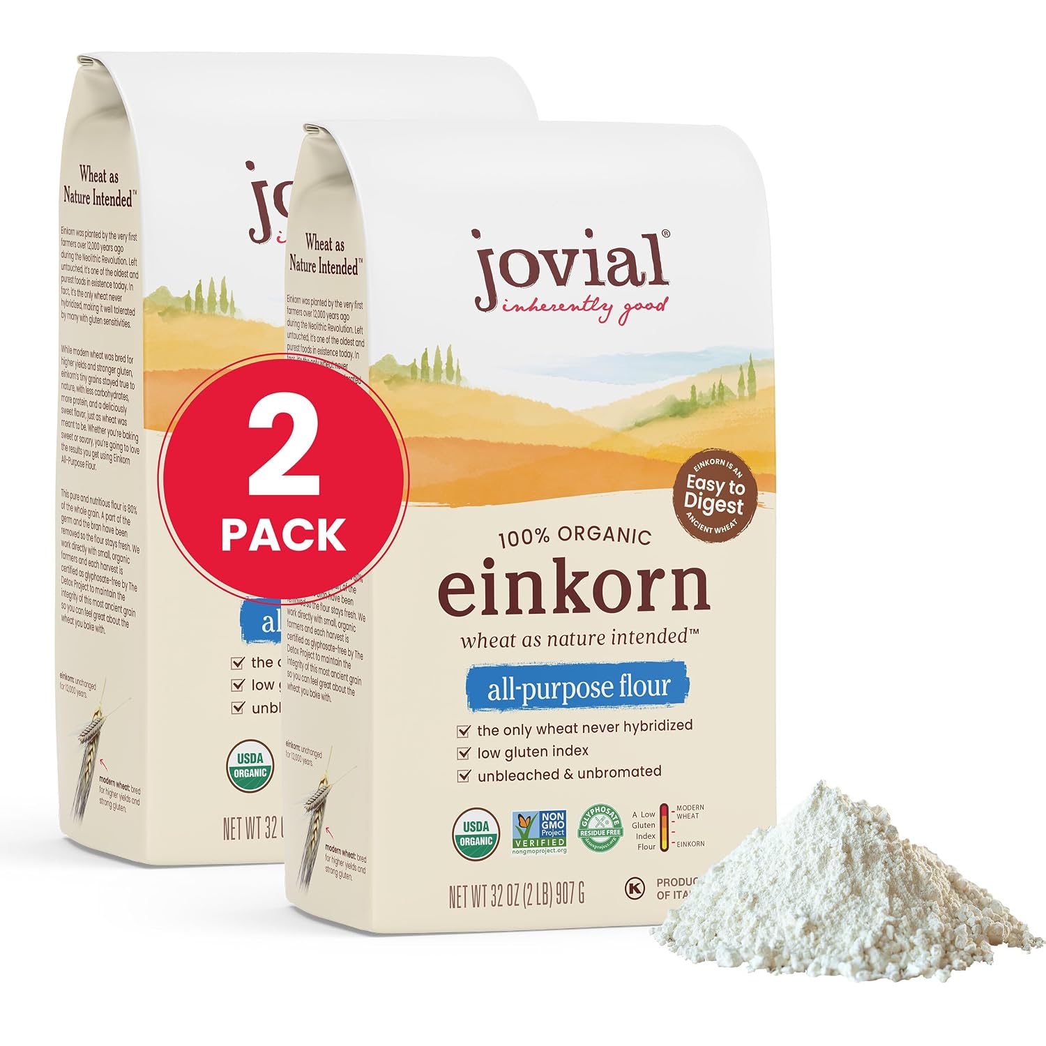 Jovial Organic Einkorn Unbleached All Purpose Flour - Bread Baking Flour for Sourdough, High Protein, Non-GMO, Organic Pizza & Pasta, European Italian, Glyphosate Free - 32 Oz