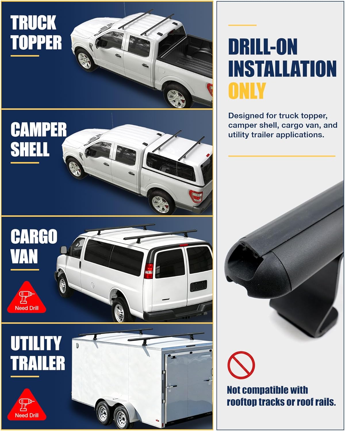 Mountainpeak 500LB Capacity Pickup Truck Topper Ladder Rack Camper Shell Roof Rack for Van Trailer Truck Cap Rack - 60" Crossbar Aluminum Black