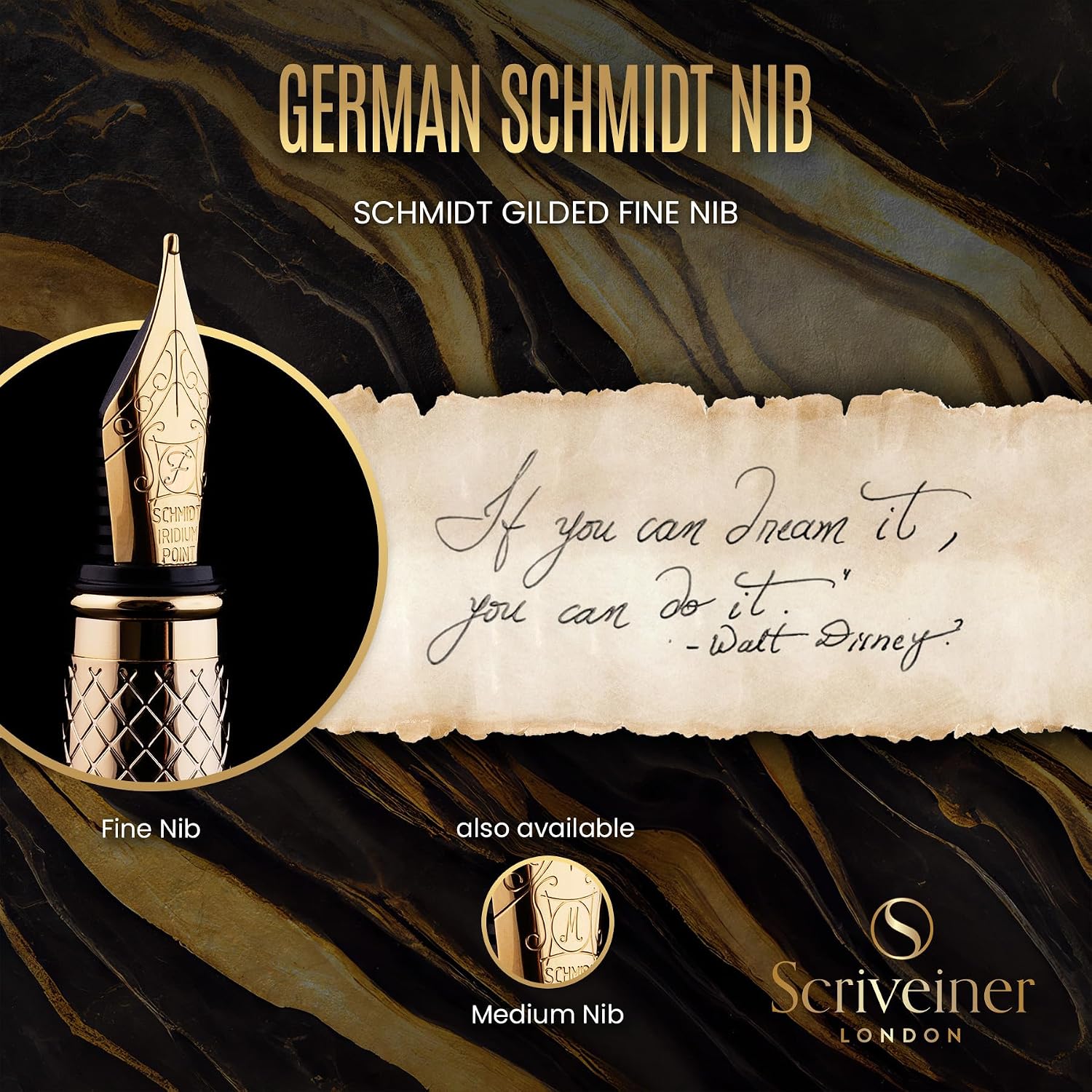 Scriveiner Silver Chrome Fountain Pen - Stunning Luxury Pen, Real Gold Finish Schmidt Gilded Nib (Medium), Best Pen Gift Set for Men & Women