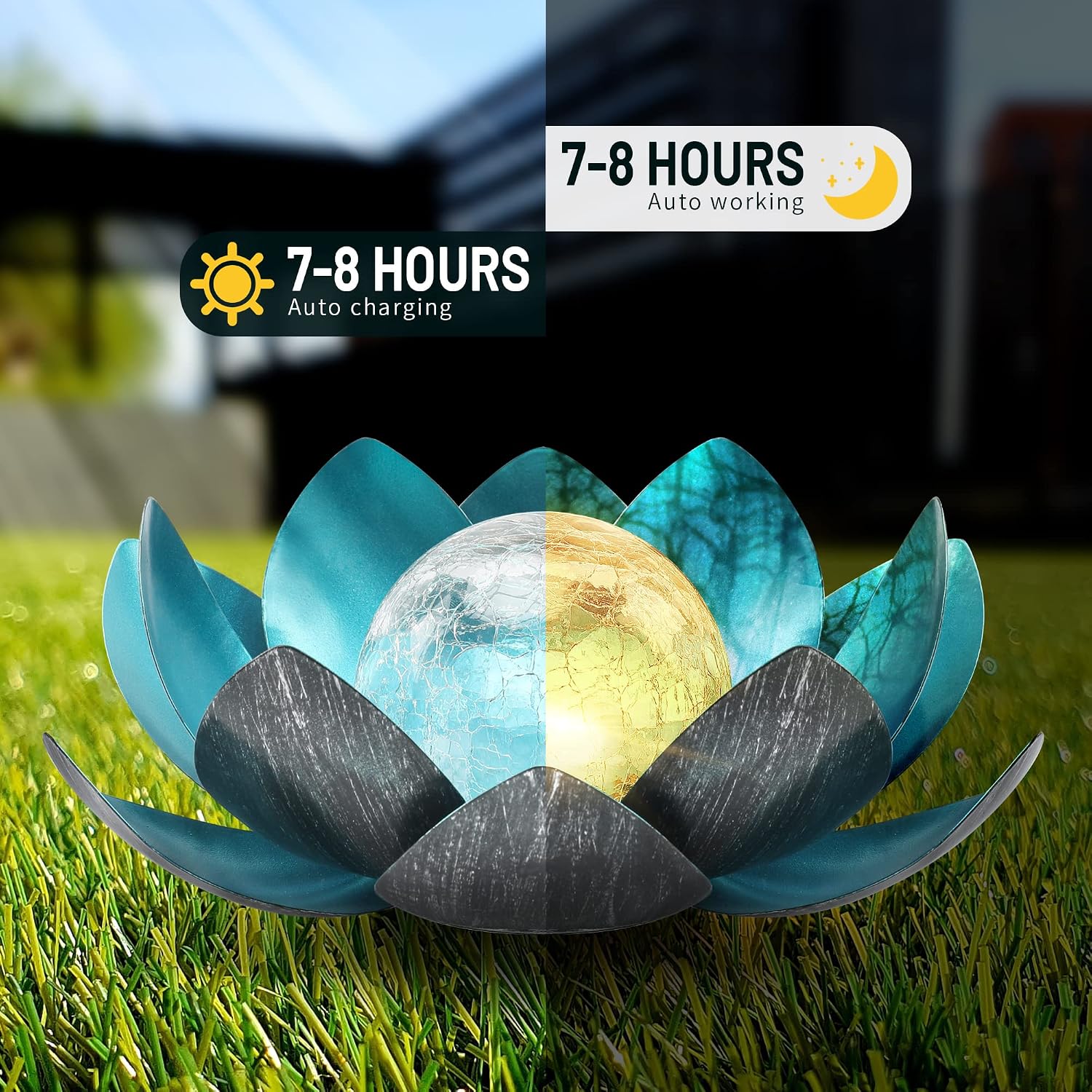 Outdoor Solar Lights, Garden Decor, Crackle Glass Globe, Waterproof Metal Lotus Flower Light for Patio, Lawn, Walkway, Tabletop, Ground