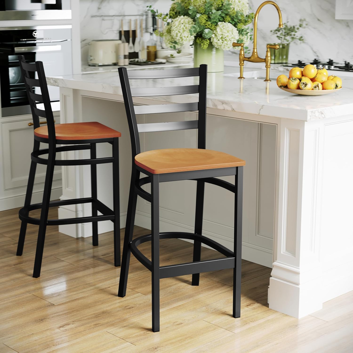 Flash Furniture Hercules Series Ladder Back Metal Restaurant Barstool, Modern Upholstered Armless Bar Height Chair for Restaurants and Kitchens, Black | Vinyl Upholstery, Durable Construction, Commercial Use
