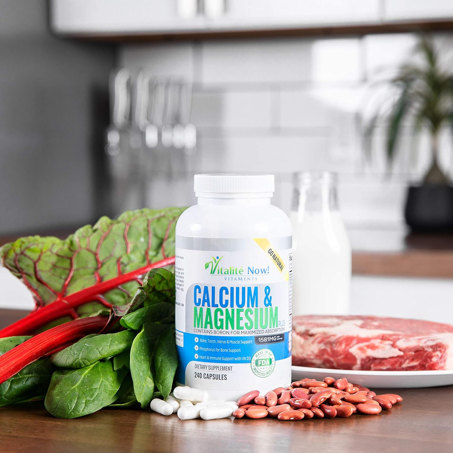 Vitalité Now! Calcium Magnesium Supplement 1000mg with Vitamin D | 10 Forms of Calcium for Maximum Absorption - Bone Strength Support with Boron
