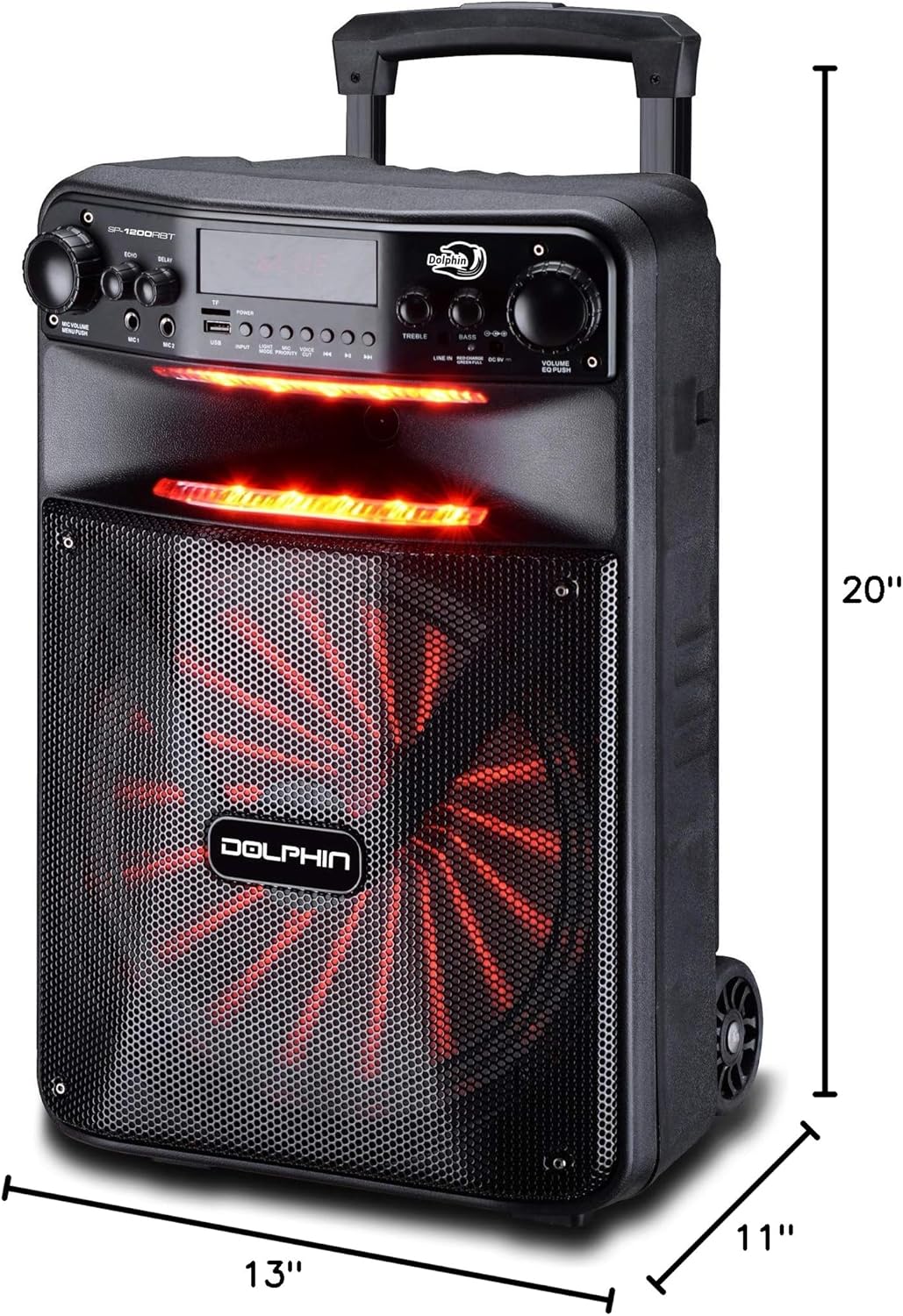 Dolphin Large Bluetooth Party Speaker, 12" Woofer | 80W Output, App Control, LED Light Show, USB, TF, FM & AUX Inputs, 2000mAh Battery, Dual Mic Jacks