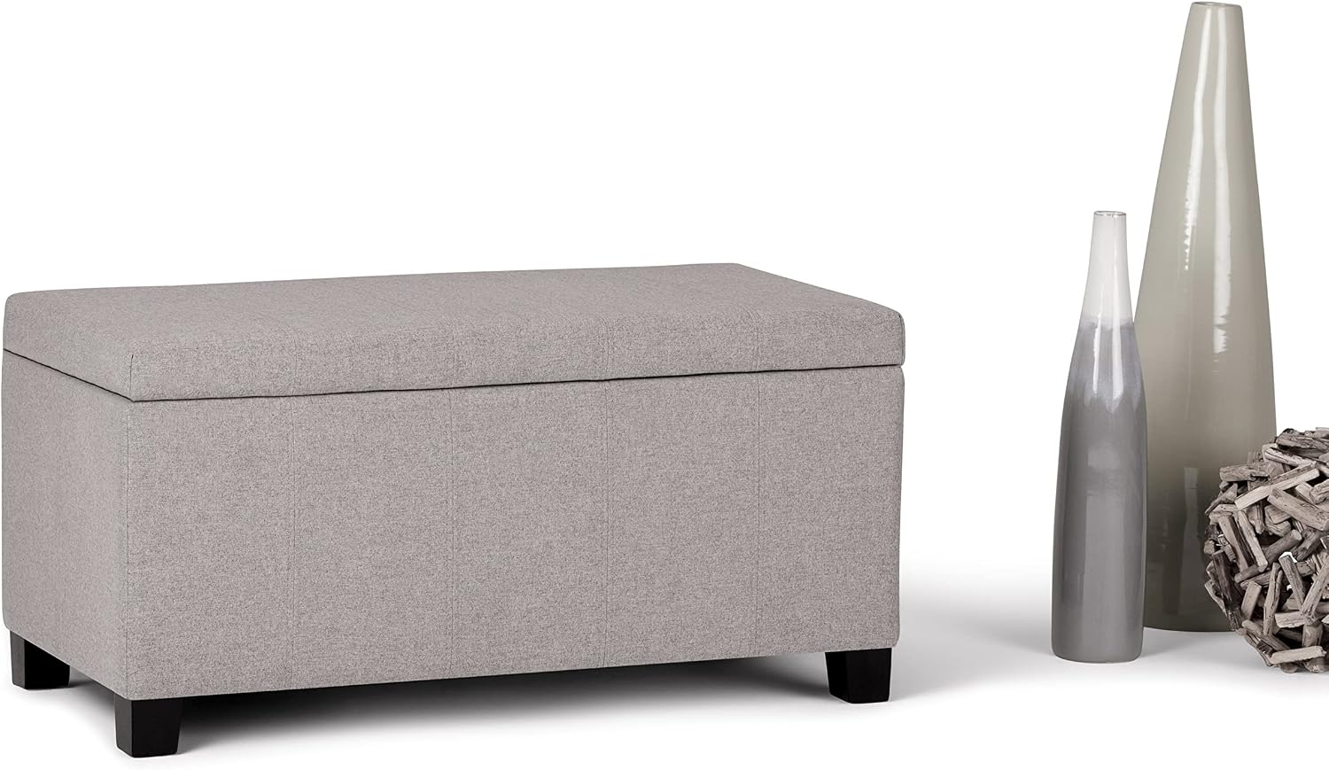 SIMPLIHOME Dover 36" Wide Vegan Leather Storage Ottoman in Midnight Black | Distressed umber brown, contemporary ottoman with lift-top and safety hinges; rectangle storage bench for living room.