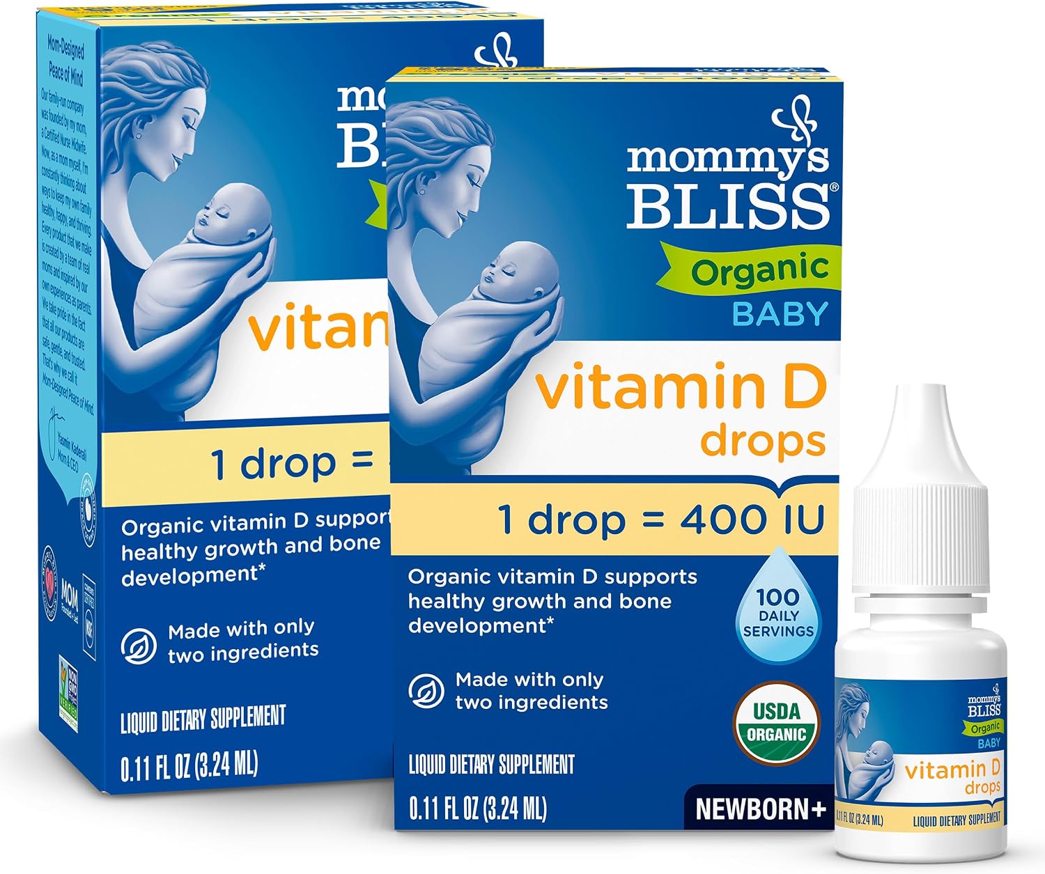 Mommy's Bliss Organic Baby Vitamin D Drops, No Artificial Color, 0.11 Fl Oz | Vitamin D3 that promotes healthy growth and bone development in newborns and up; 100 servings per pack