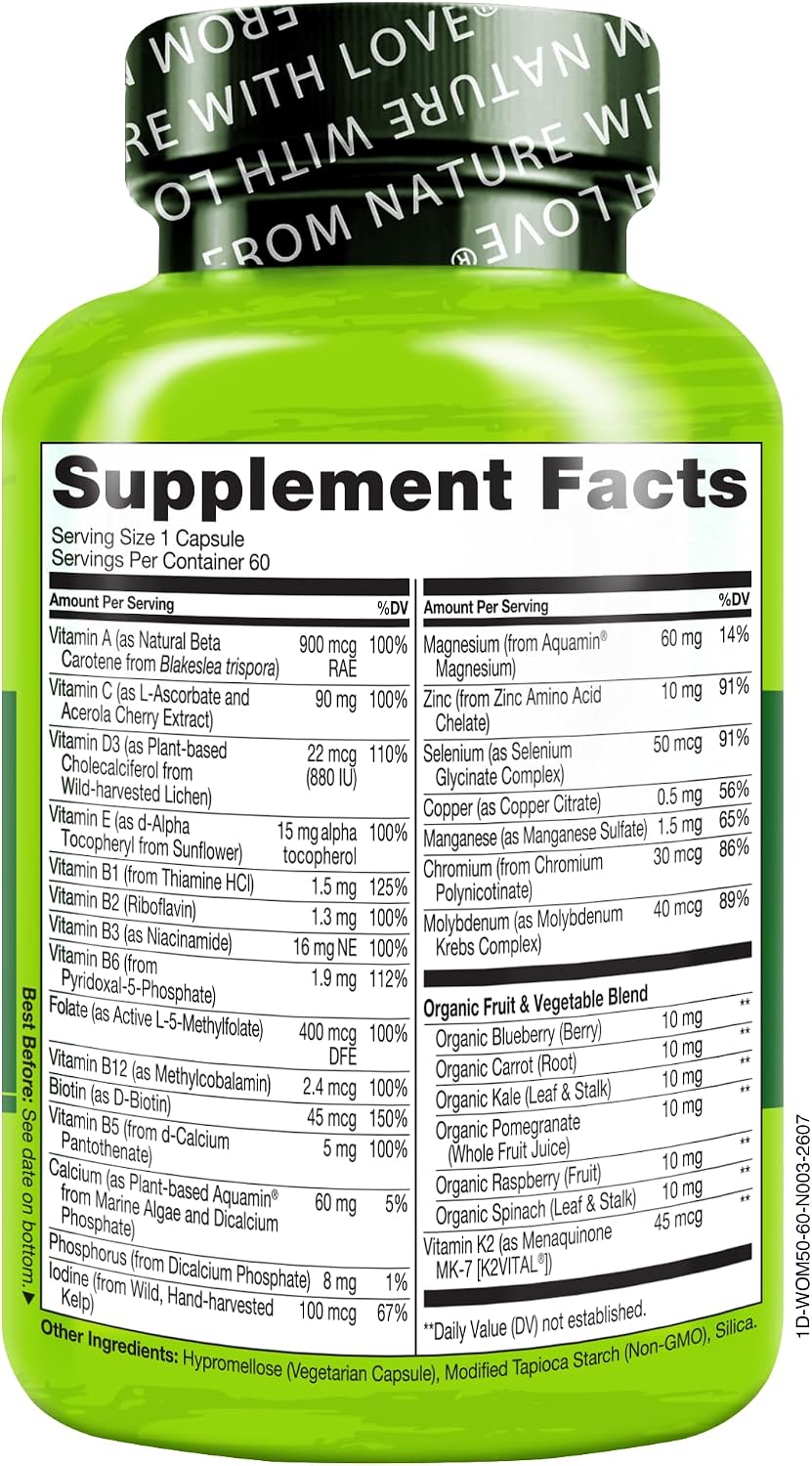 NATURELO One Daily Multivitamin for Women 50+ (Iron Free) - Menopause Support for Women Over 50 - Whole Food Supplement - Non-GMO - No Soy - 60 Capsules - 2 Month Supply | Energy Support, Whole Food Daily Women Multivitamin Supplement, Nourish Hair/Skin/…
