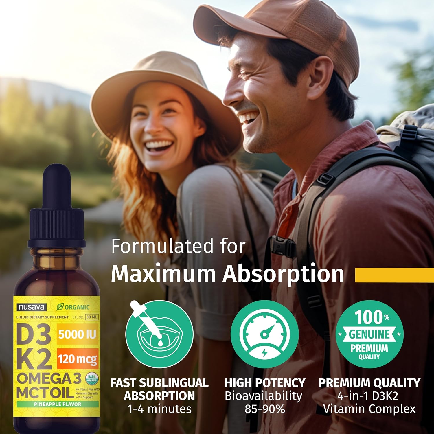Nusava Organic Vitamin D3 K2 Drops with MCT Oil, Unflavored, Pack of 2