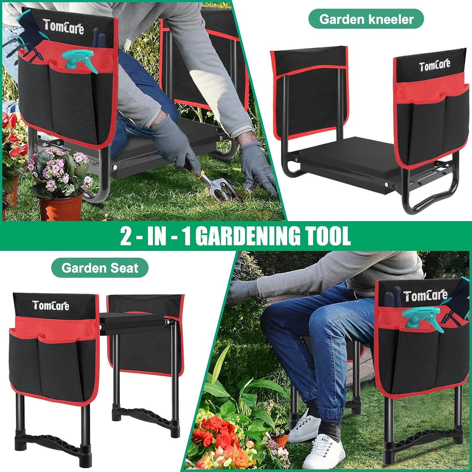 TomCare Garden Kneeler and Seat, 11.12" Kneeling Pad Sturdy Garden Bench | Heavy Duty Garden Stool, 450 lbs Load Capacity, 2 Tool Pouches, Foldable Design, Gardening Gift for Women, Men and Gardeners