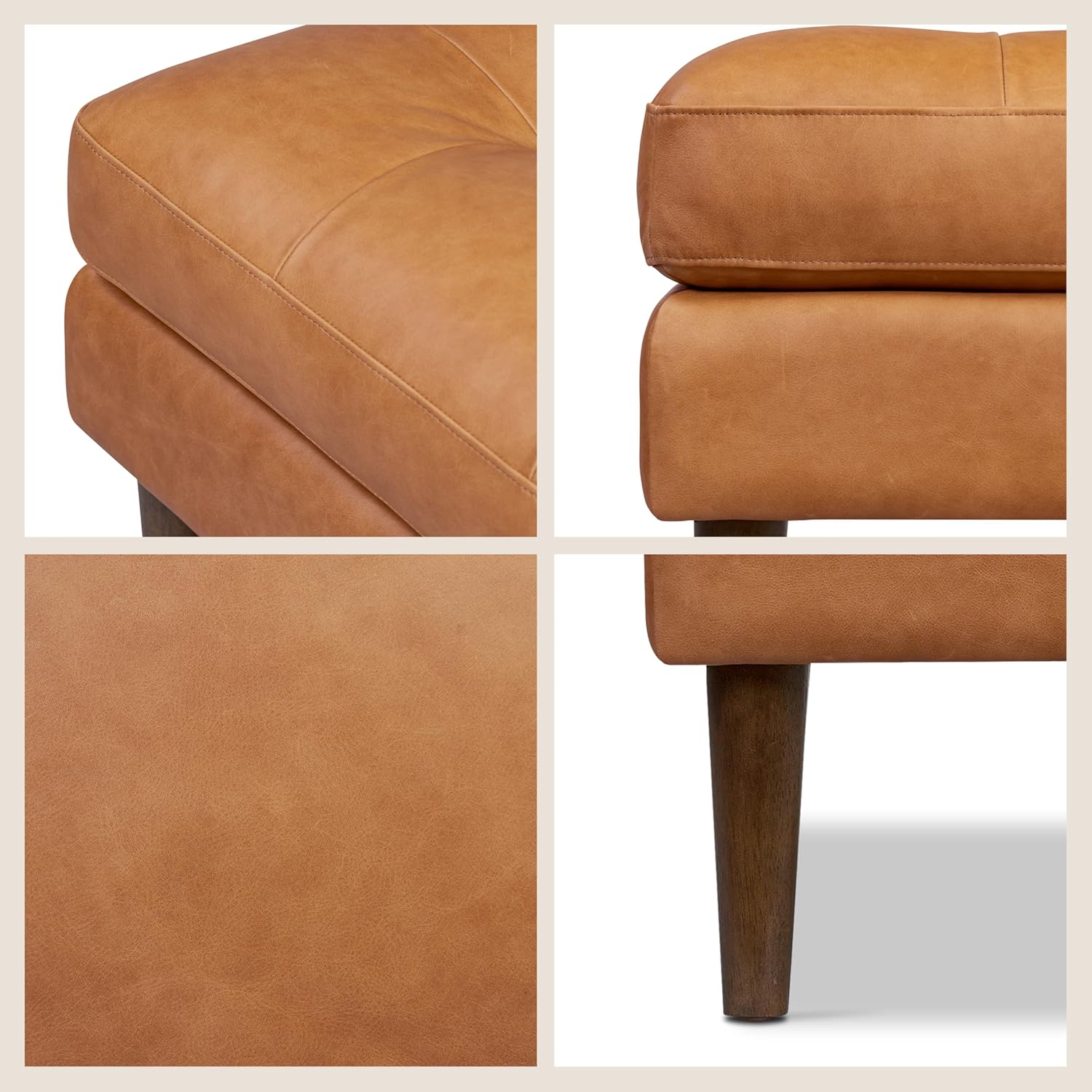 Poly & BARK 55" Tufted Leather Bed Bench for Bedroom End of Bed - Living Room Entry Way Bench - Pure Italian Leather Upholstery with a Solid Wood Frame - Ottoman Bench with Wooden Legs - Cognac Tan