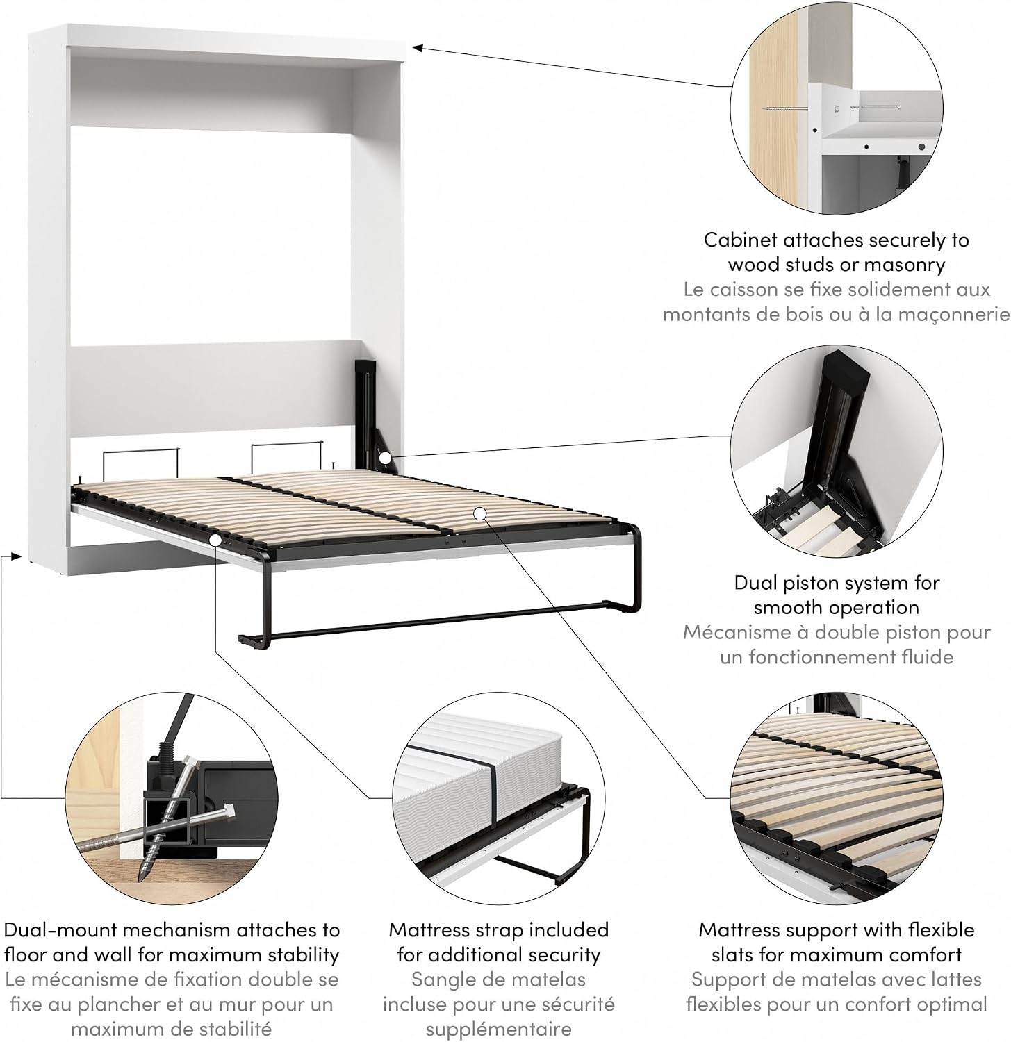 Bestar Pur Queen Murphy Bed, 65-inch Space-Saving Sleeping Arrangement for Multipurpose Area, Bedroom, Guest Room, or Living Room | Dual piston mechanism; for guest room or multipurpose space; Shaker-inspired trim with metal handles