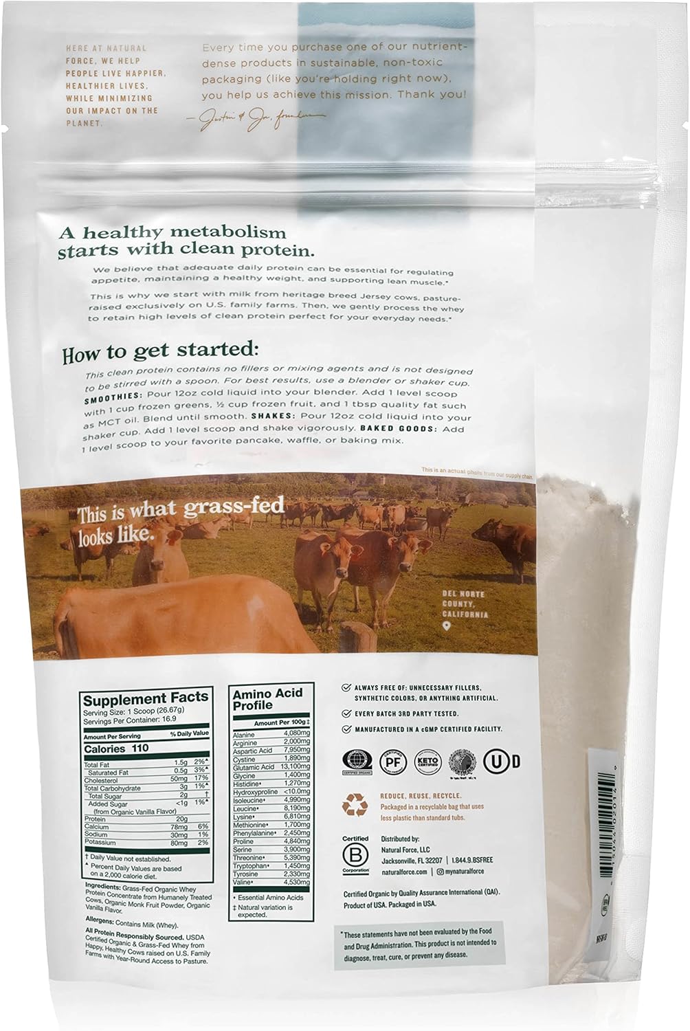 Natural Force Grass Fed Organic Whey Protein Powder – Non GMO Verified, Humane Certified & Lab Tested for Toxins – Real Vanilla Flavor – Keto Friendly, Low Carb, and Kosher - 16 Ounce A2 Protein