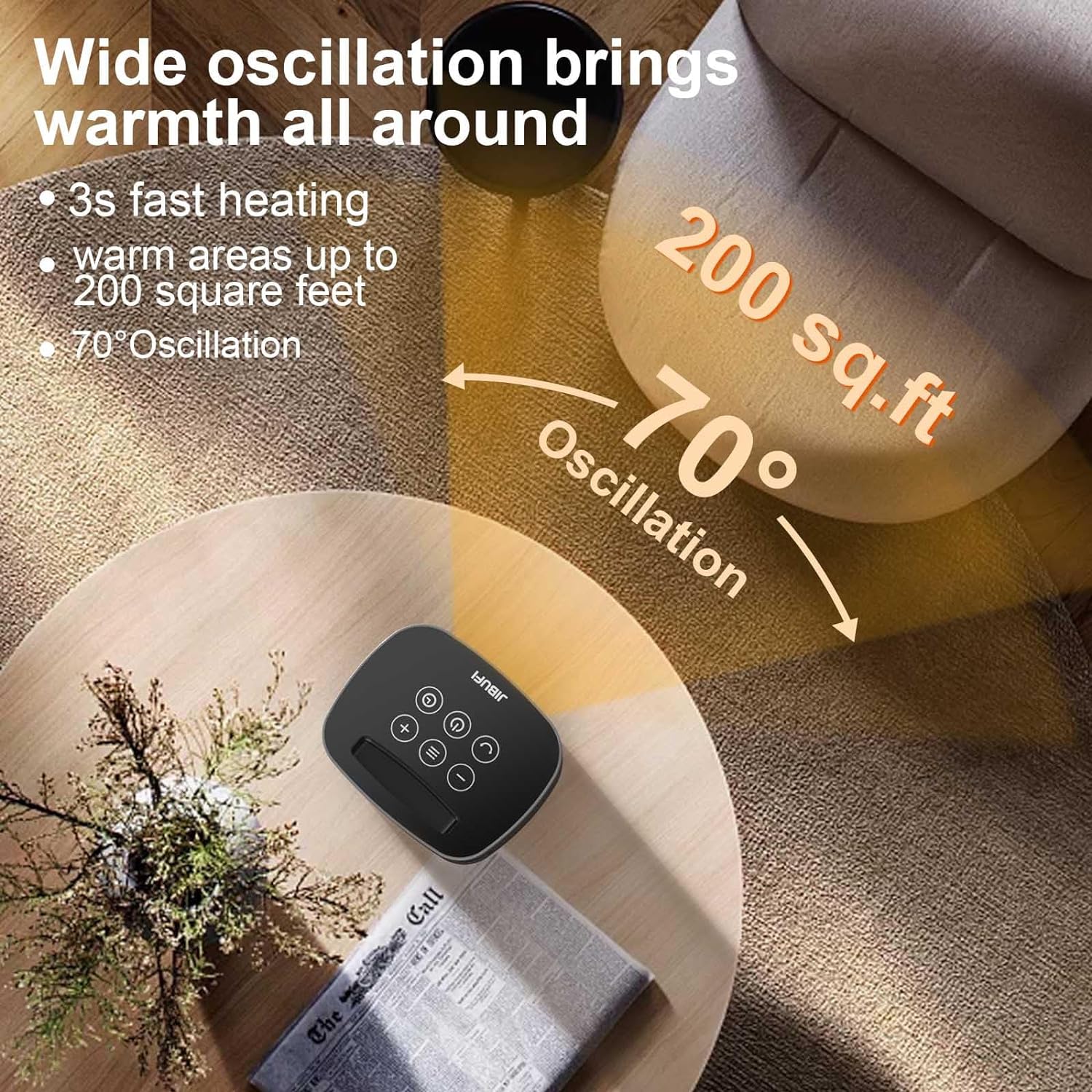 Small Portable Space Heater for Indoor Use - with 70°Rotating Feature, JIBUFI 1500W PTC Electric Heater, Rapid and Safe Heating, Remote Control