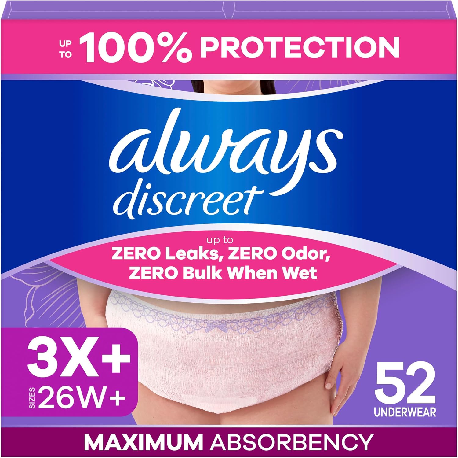 Always Discreet Adult Diapers for Women, Incontinence Underwear, Postpartum Essentials, Disposable Briefs, Max Absorbency, Bladder Leak Protection, Small/Medium, 32ct