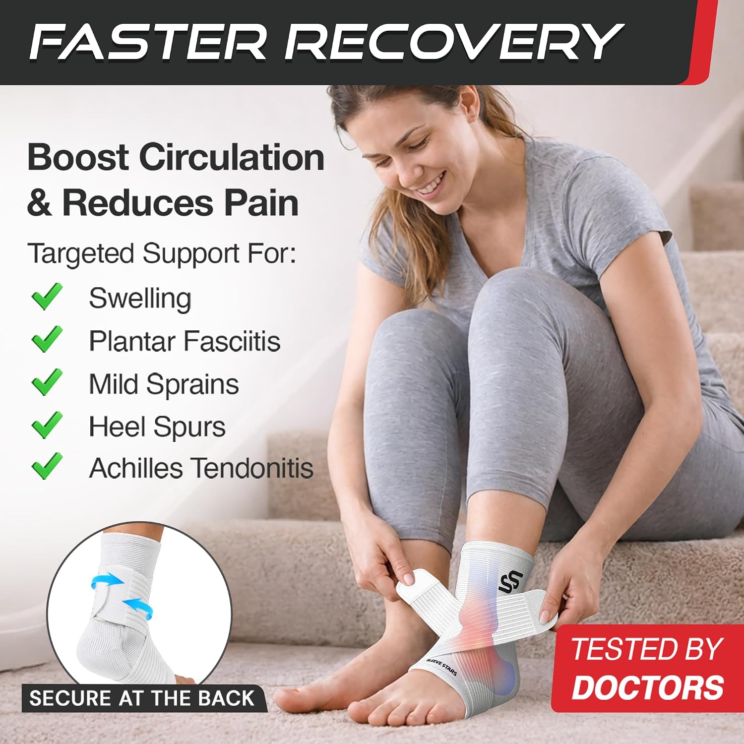 Sleeve Stars Ankle Brace for Women & Men, Ankle Wrap for Sprain, Compression Sleeve for Plantar Fasciitis Relief, Easy Customizable Support: w/ Removable Strap (Single/M:10"-12"/Black)