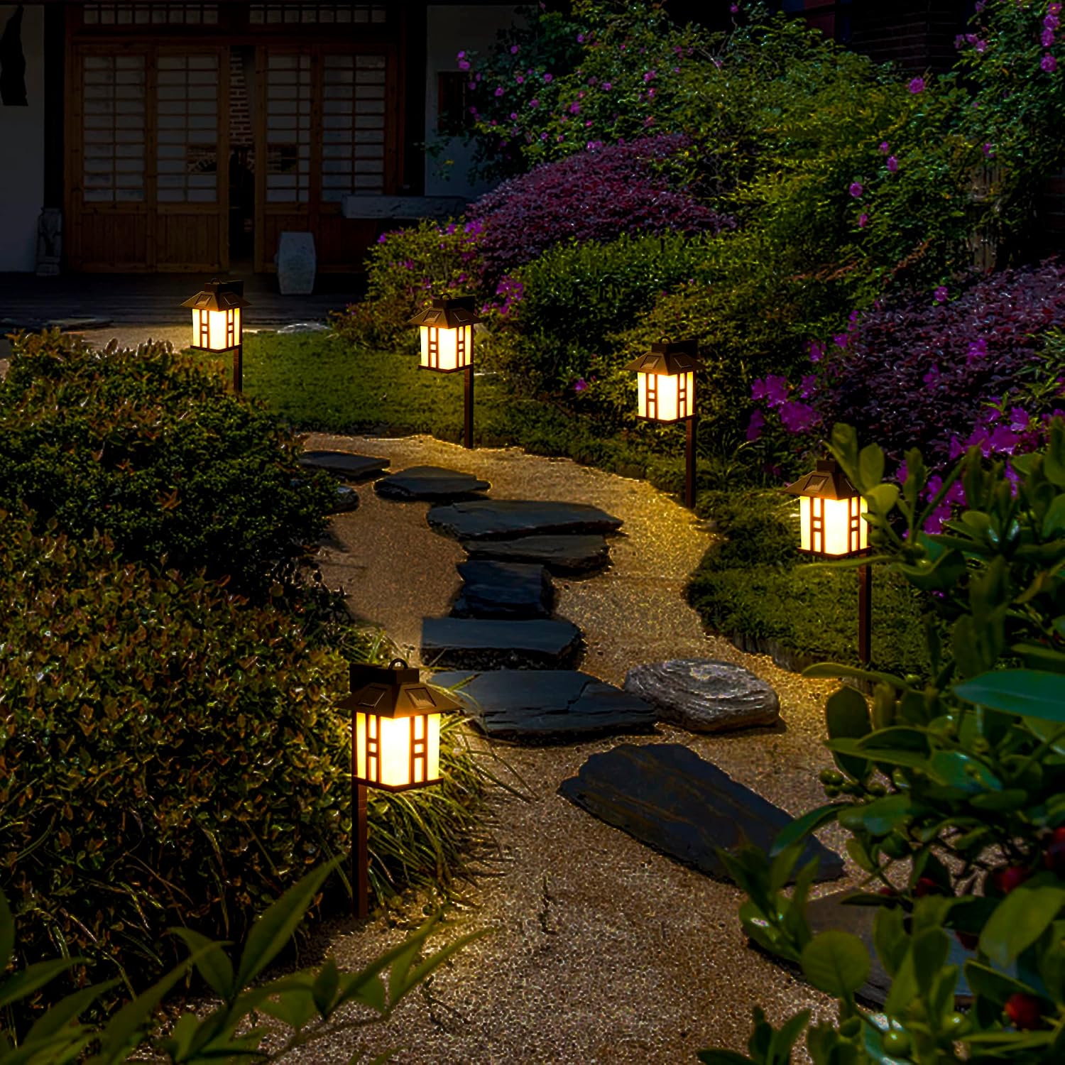 GIGALUMI Japanese Decor Solar Lights for Outside, Pathway Lights 4 Pack - Lawn/Patio/Yard/Walkway/Driveway Decoration | Japanese Style, Pathway Lights