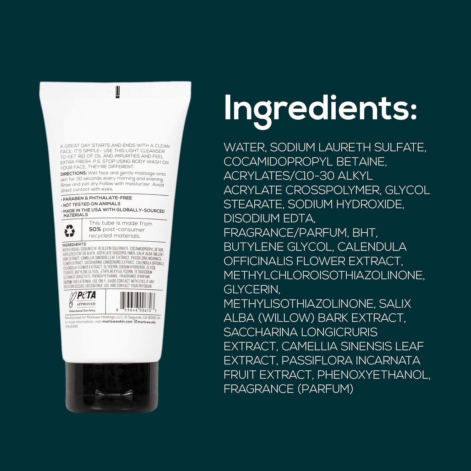 MARLOWE. Facial Cleanser, Daily Face Wash, Removes Dirt + Oil, 6 oz | Daily Face Wash that removes dirt, oil, and impurities for refreshed skin. Clean vegan formula with Original Sage + Fir scent