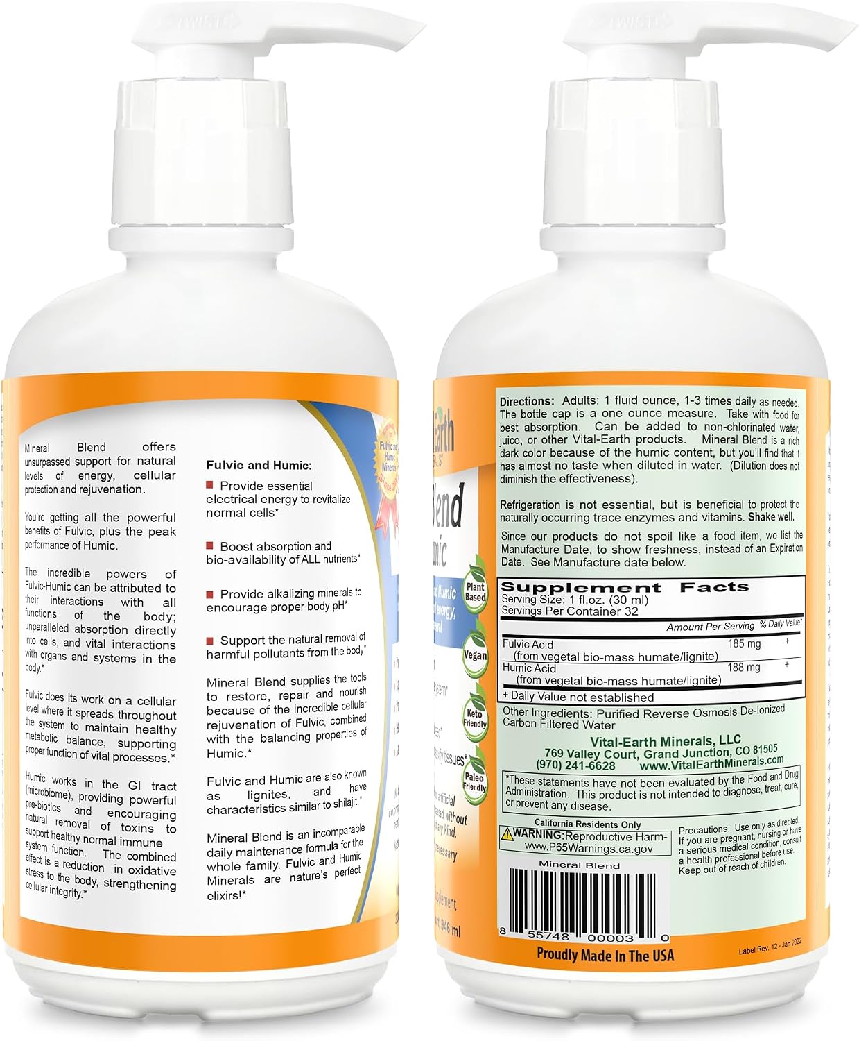Vital Earth Minerals Fulvic Humic Mineral Blend Liquid 2-Pack – Fulvic Acid Supplement with 70+ Trace Minerals, Electrolytes for Recovery, Balance & Energy, 32 Oz Ea + 1 Oz Cup Ea