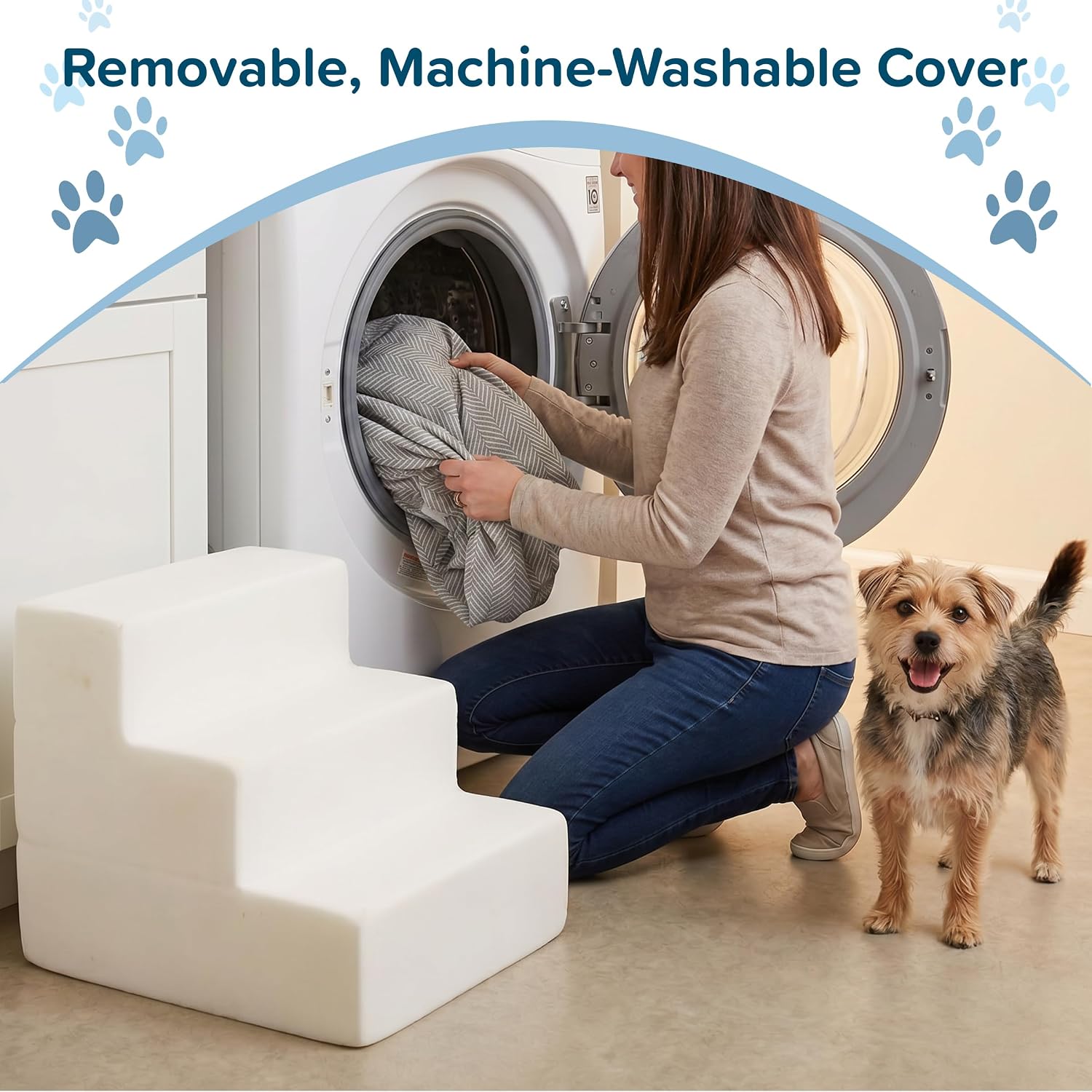 3-Step Pet Stairs - Nonslip Foam Dog and Cat Steps with Removable Zippered Microfiber Cover - 2-Tone Design for Home or Vehicle Use by PETMAKER (Tan) | 3-Step Pet Steps for High Bed and Couch - Pet Stairs with Nonslip Bottom, High-Density Foam, and Remov…