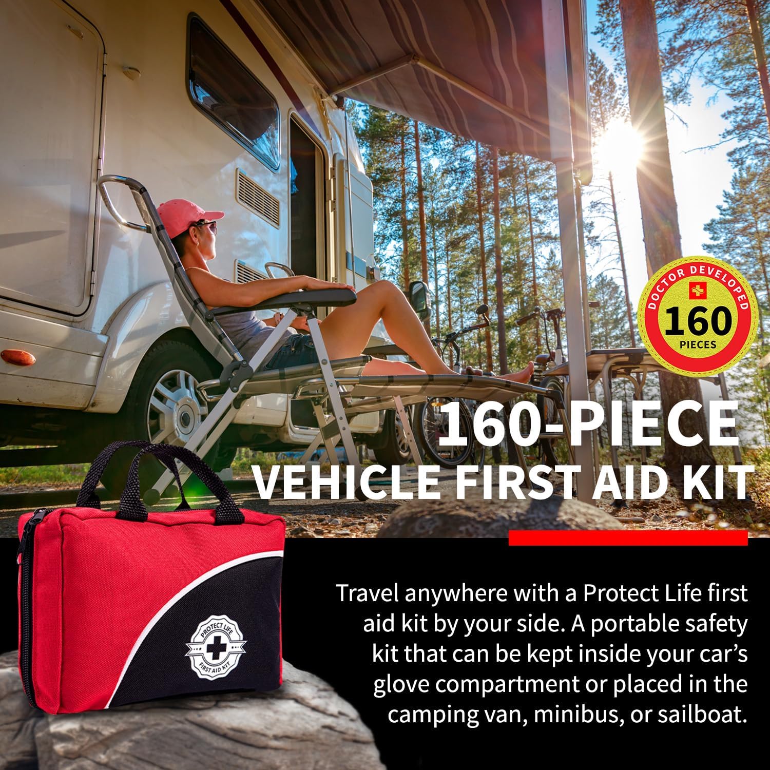 Protect Life Travel First Aid Kit for Car - Small Mini Emergency Kit, 100 Piece Waterproof First Aid Kit for Home, Camping, Boat & Hiking - Includes Emergency Blanket & First Aid Guide