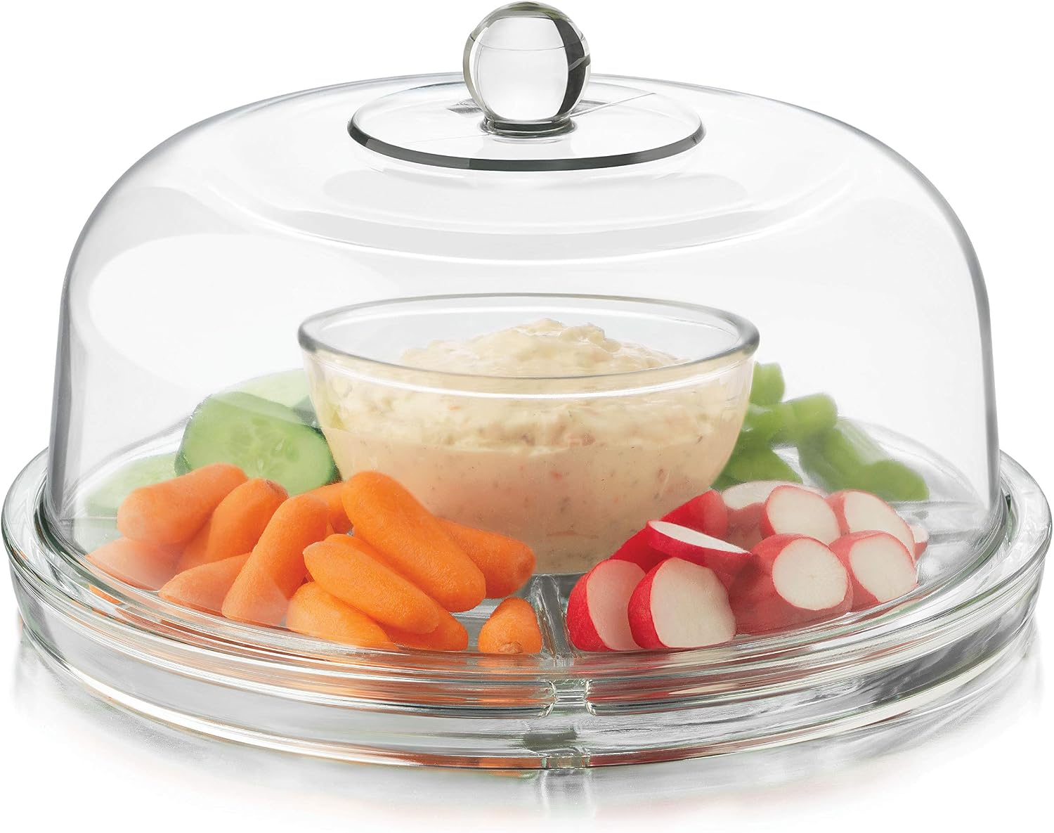 Libbey Selene 6-in-1 Domed Cake Stand, Unique Space Saving Glass Cake Stand with Dome, Multi-Purpose Dip Bowl To Serve Snacks and More