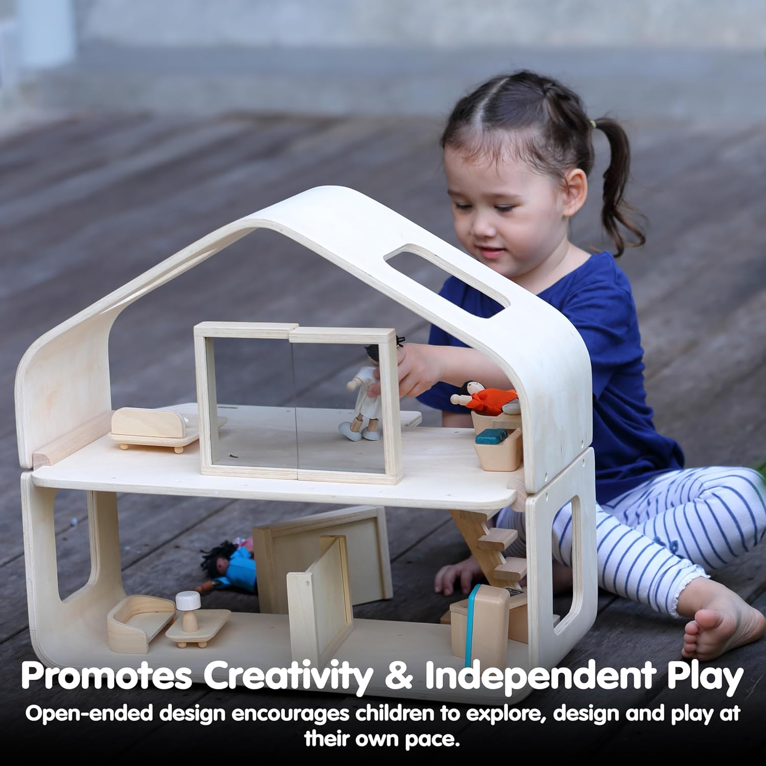 PlanToys® Green Wooden Dollhouse with Solar Panel, Wind Turbine & Furniture | recycling system, eco-friendly doll house, sustainable pretend play, kids, girls, environmental learning gift for boys