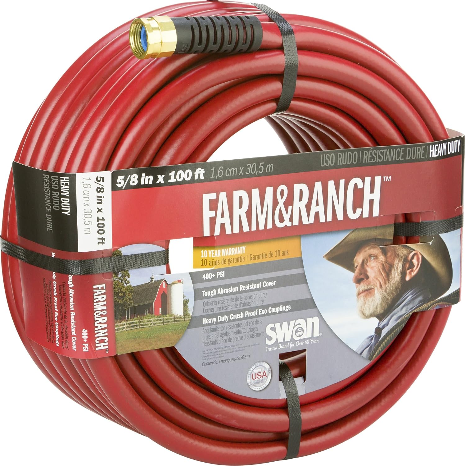 Swan Products SNFR58100 Farm & Ranch Durable Heavy Duty Water Hose with Crush Proof Couplings 100' x 5/8", Red