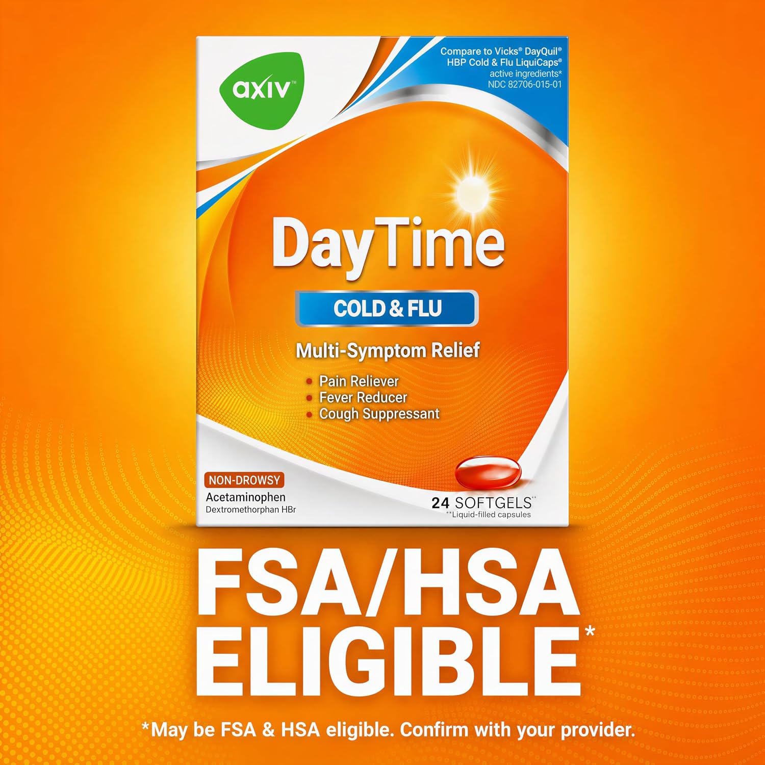 AXIV Daytime Multi-Symptom, Daytime Cold and Flu Relief Softgels, Non-Drowsy Cold Medicine, Relief of Pain, Sore Throat, Minor Aches and Pains, Fever, Cough, 24 Count