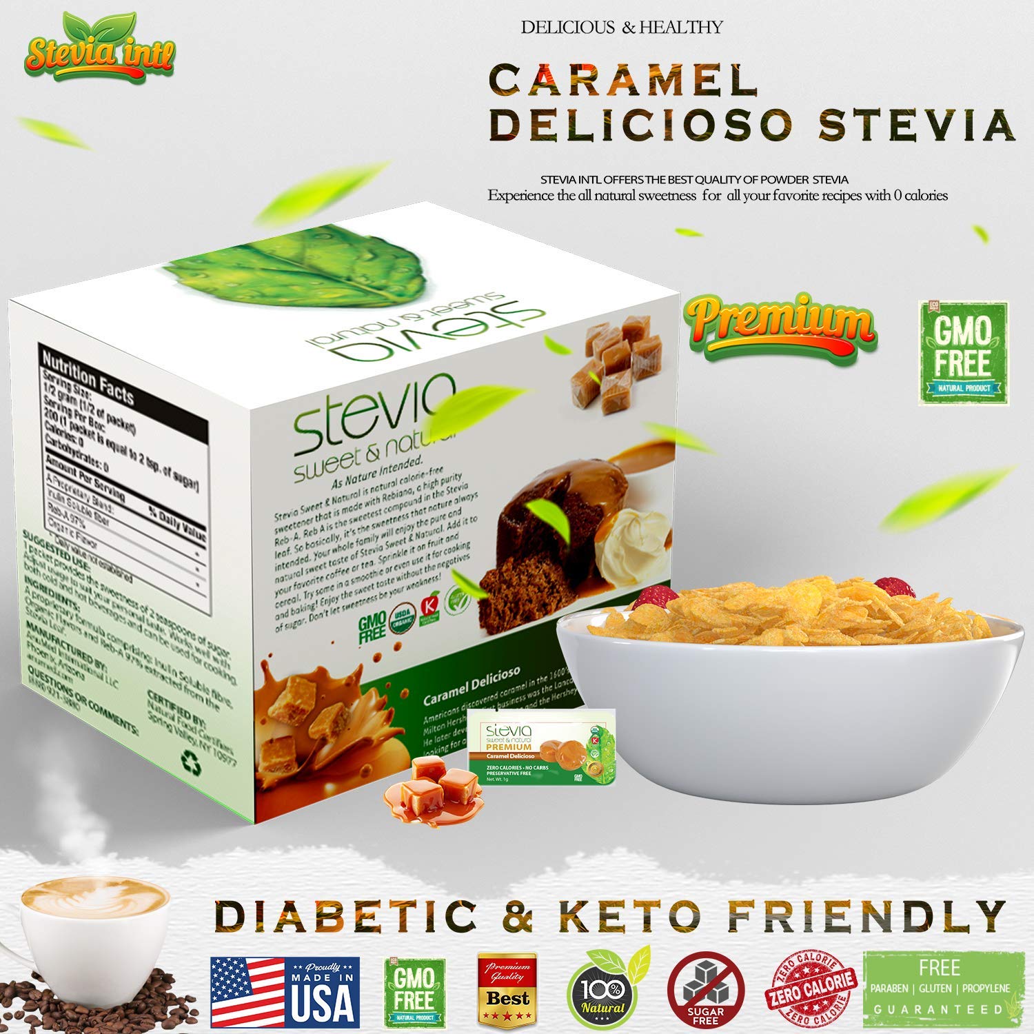 Caramel Delicioso Organic Stevia Powder. All-Natural Sweetener, Sugar Substitute Highly Concentrated & Pure Extract Stevia. 0 Calorie