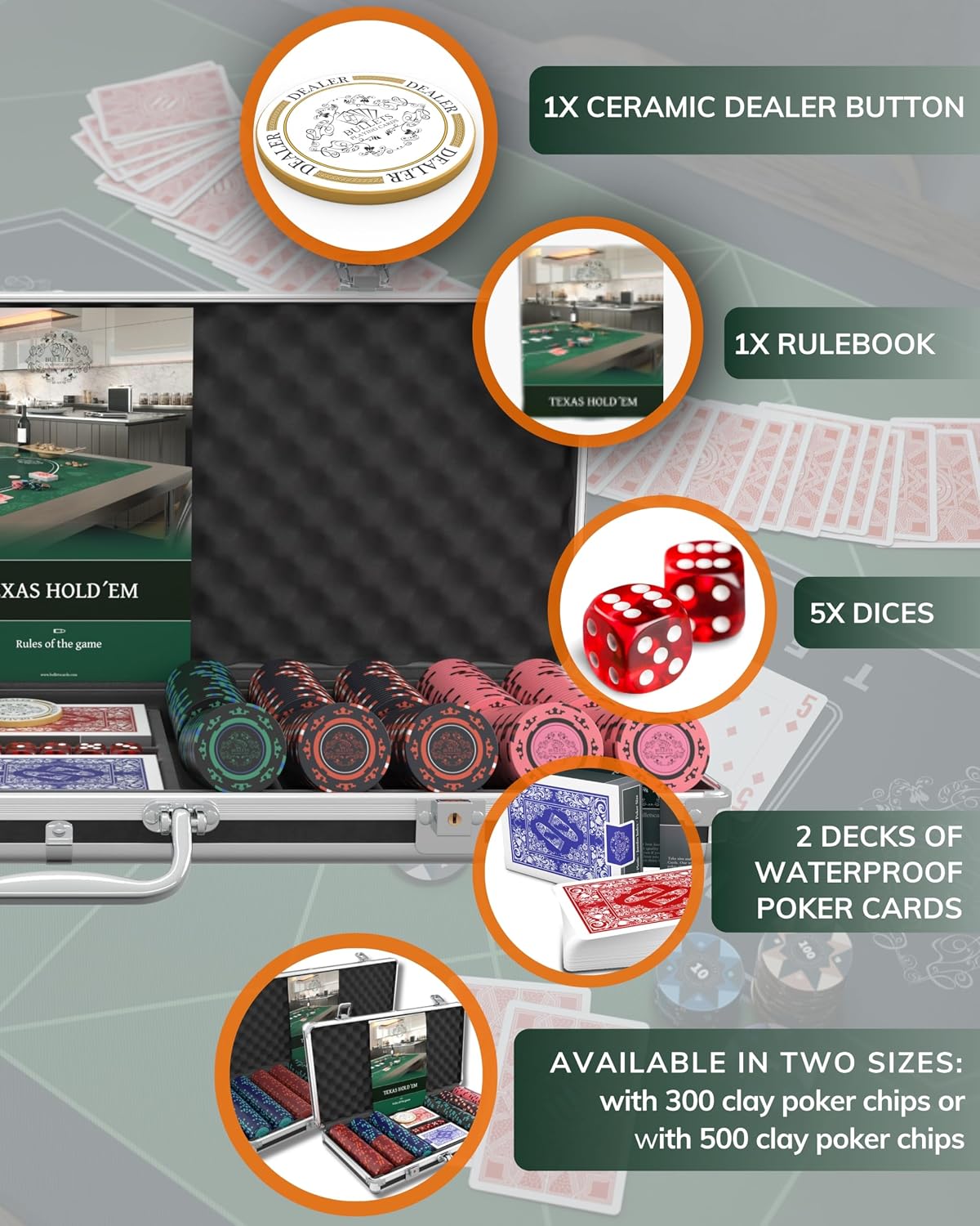 Bullets Playing Cards | Poker Set Corrado | 500 Clay Poker Chips (14 g) with Aluminum Case & Playing Cards – Texas Hold’em