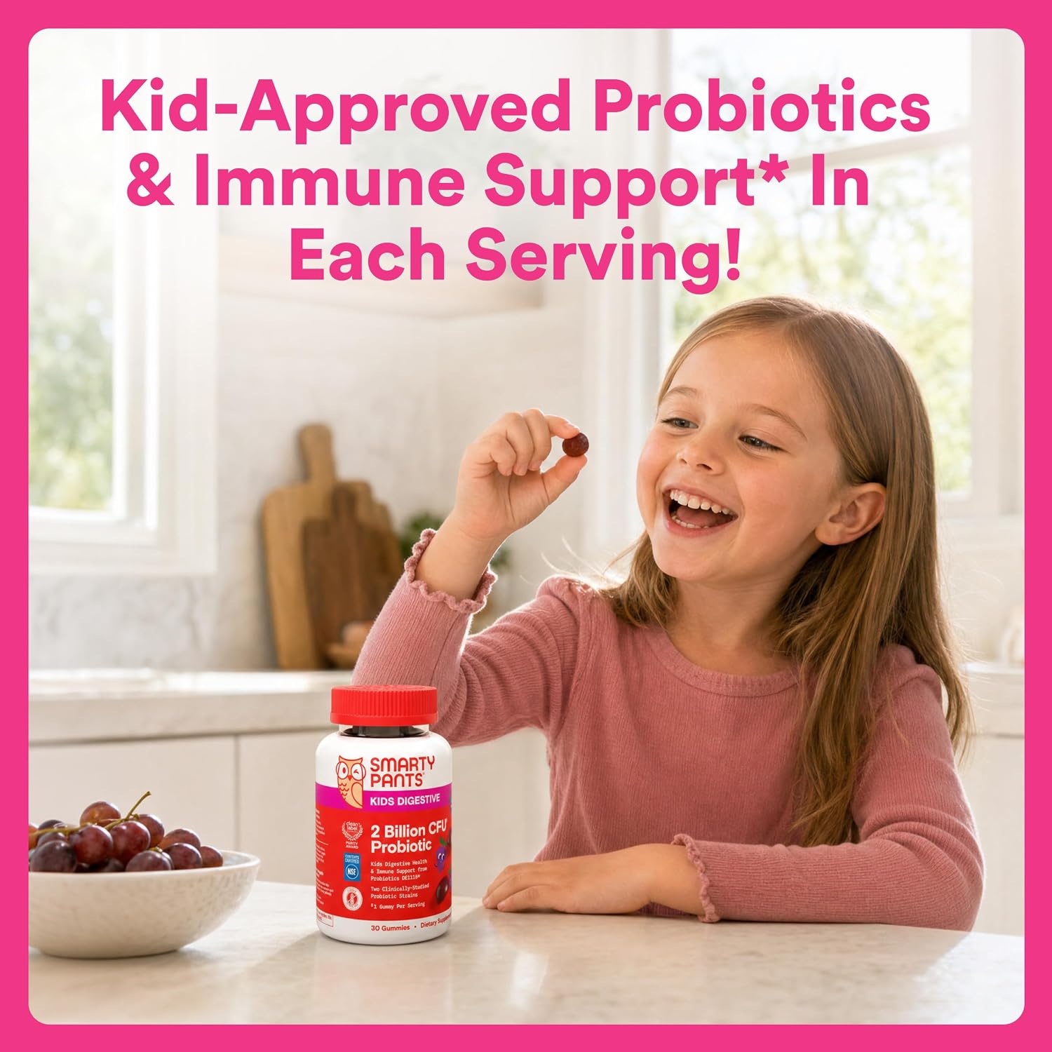SmartyPants Kids Probiotic & Prebiotic Gummies for Digestive Health: Gut Health Supplement, Clinically Studied Prebiotic for Immune Support, Strawberry, 60 Count (30 Day Supply)