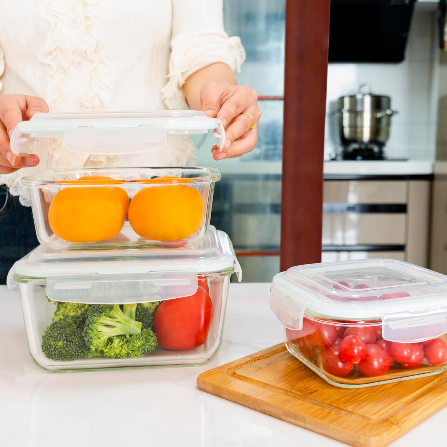 Razab 6 PC Square Glass Food Storage Containers with Airtight lids (74