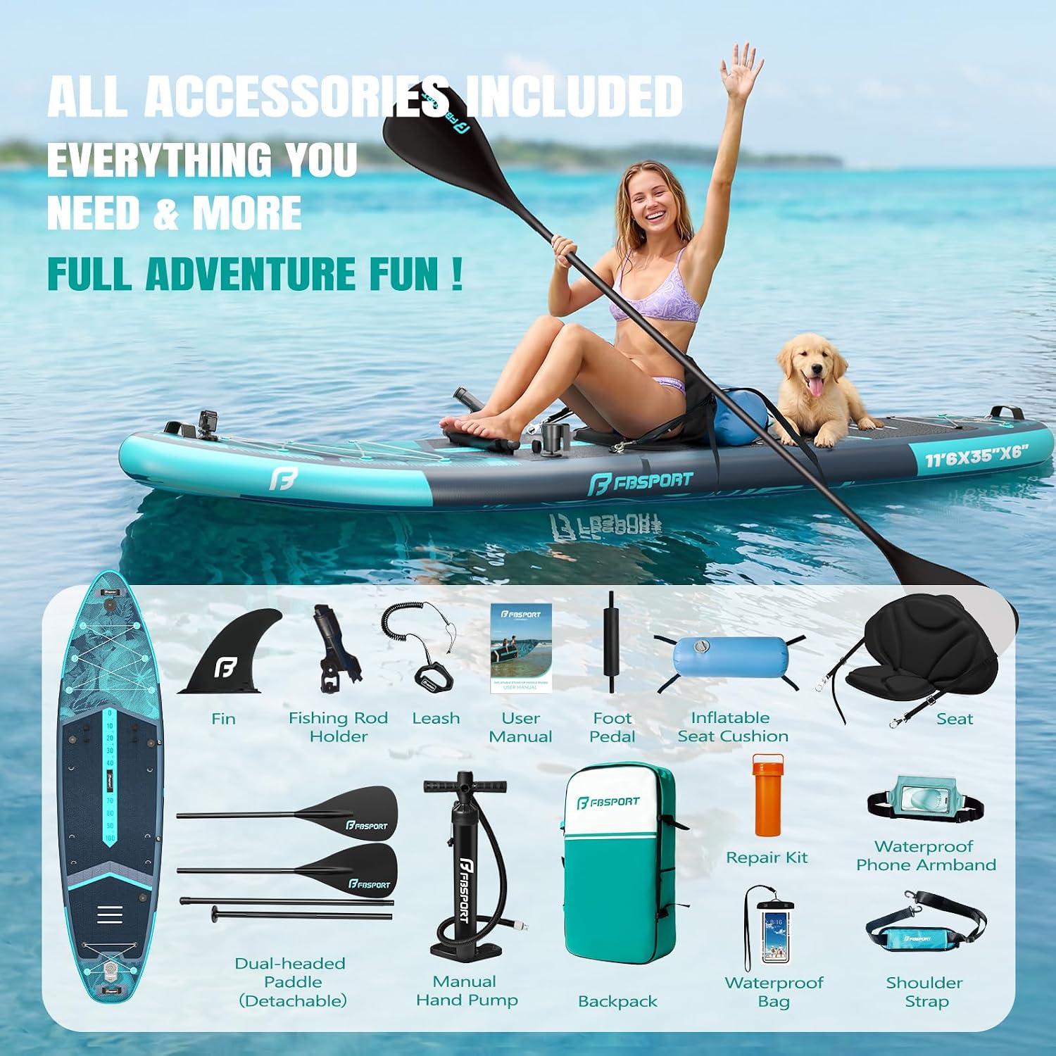 FBSPORT 11' Premium Stand Up Paddle Board, Yoga Board with SUP Accessories & Carry Bag | Wide Stance, Surf Control, Non-Slip Deck, Leash