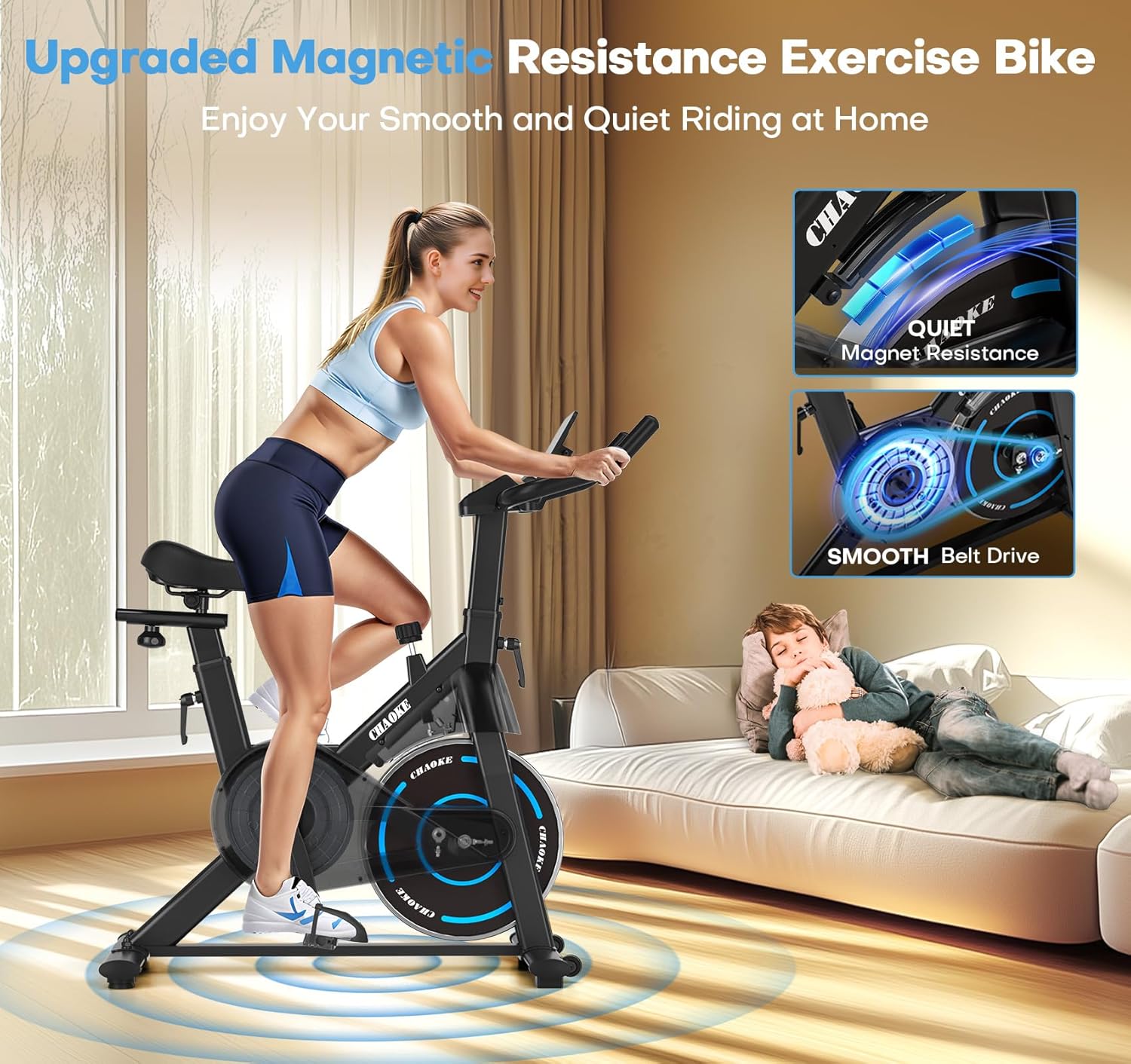 Exercise Bike, CHAOKE Quiet Magnetic Resistance 300LB Capacity Stationary Bike for Home with App Compatible