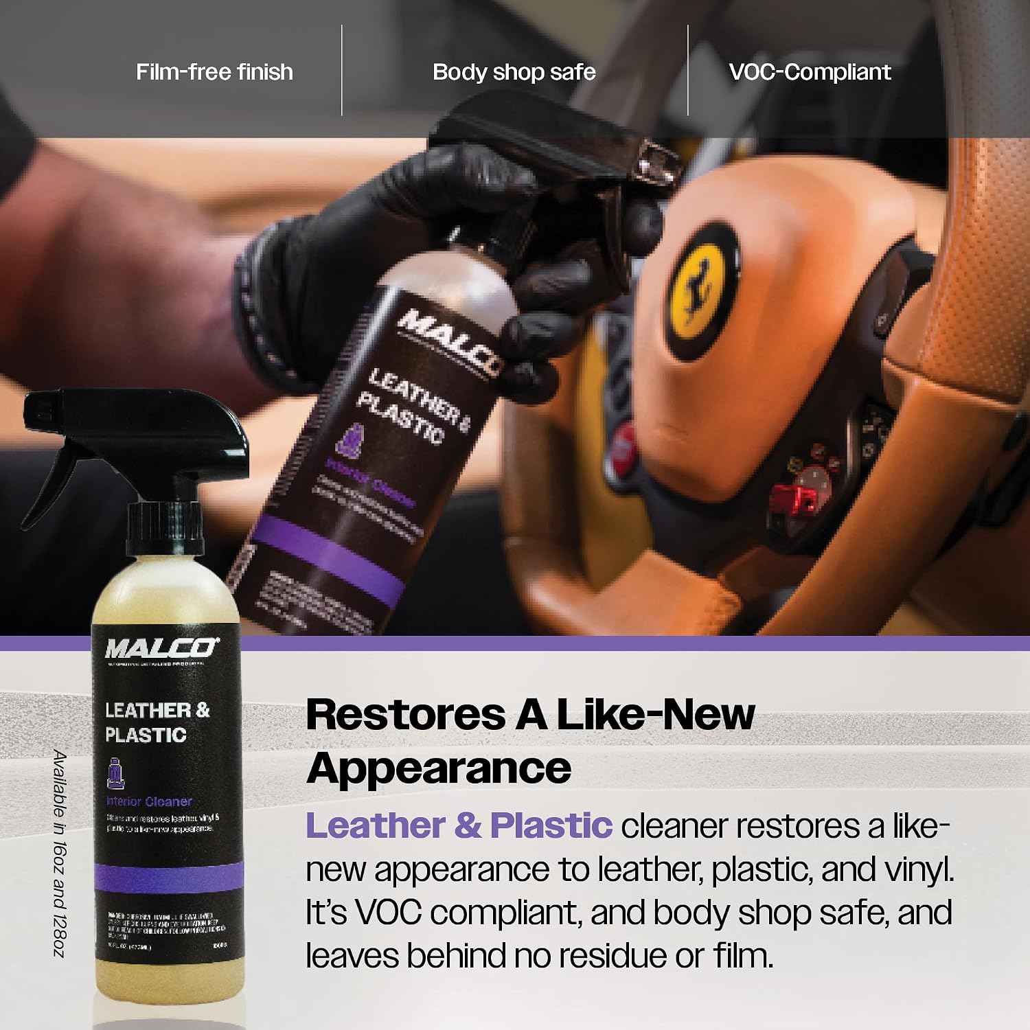 Malco Leather & Plastic Cleaner – Penetrates Deep to Remove Dirt, Grime and Oily Soils/Restores Leather, Plastic and Vinyl/Leaves Surfaces Clean, Shiny and Film-Free / 1 Gallon (100101)