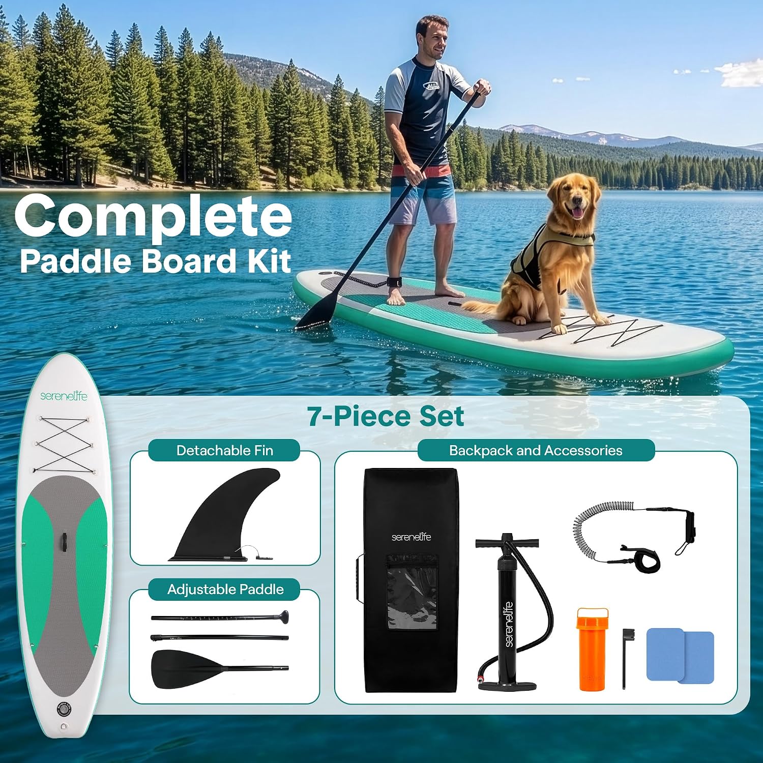 SereneLife 10’ Inflatable Stand Up Paddle Board with Premium SUP Accessories - Wide Stable Design with Non-Slip EVA Deck Pad, for Youth and Adults, 350 lbs. Capacity