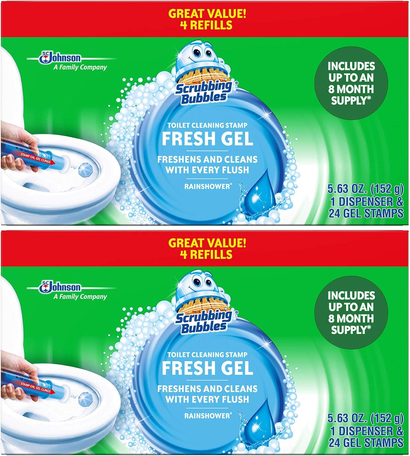 Scrubbing Bubbles Fresh Gel Toilet Cleaning Stamp Refill Value Pack, Rainshower, 24 Stamps, 2 Pack