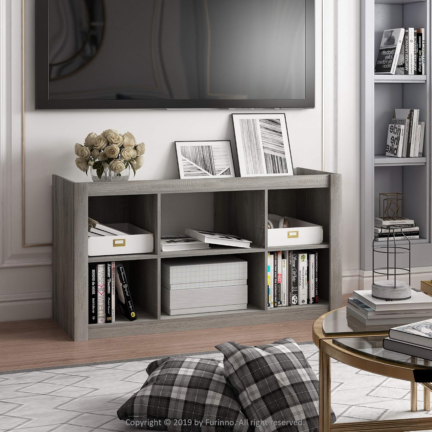 Furinno Fowler Multipurpose TV Stand Bookshelves, French Oak Grey