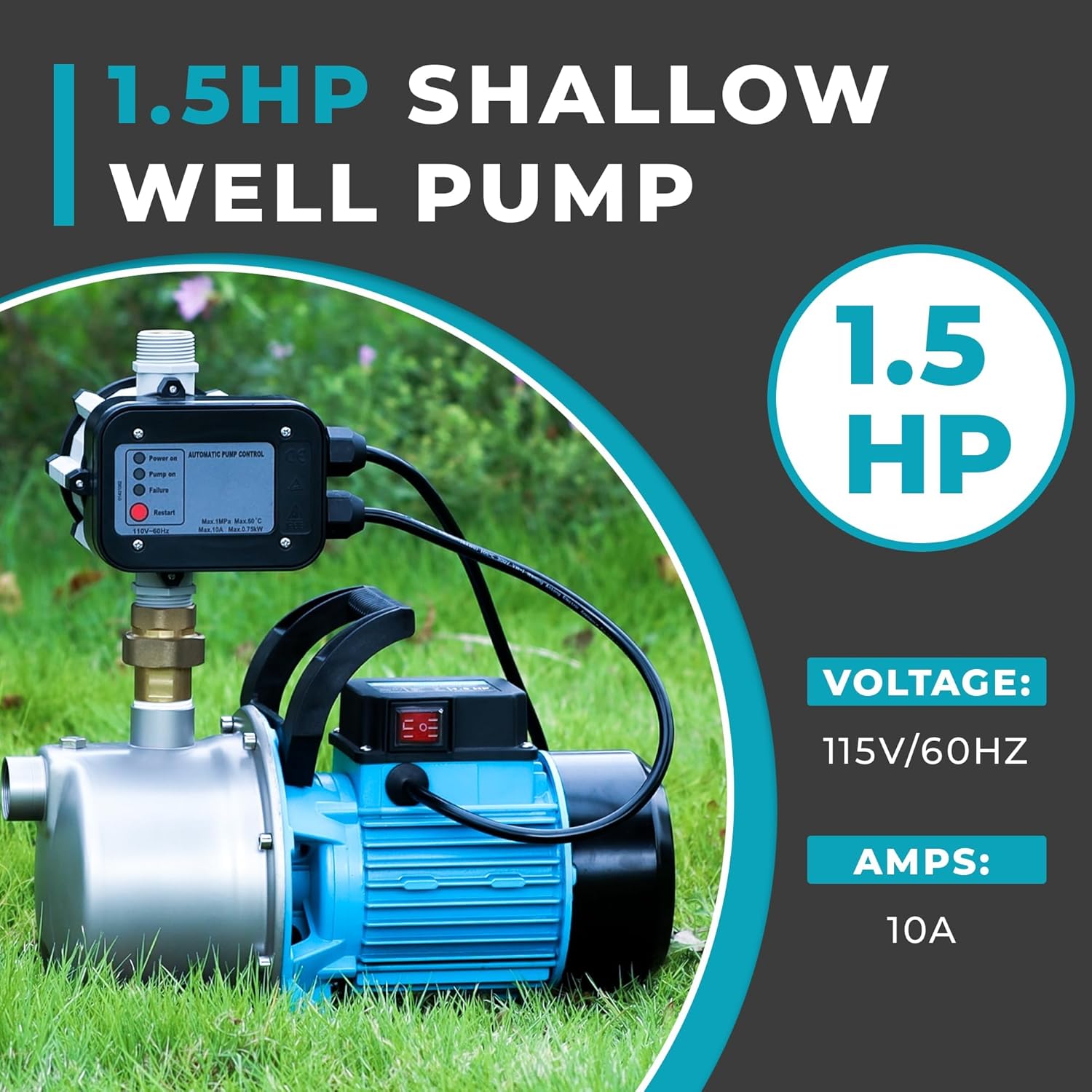 LEO 1.5 HP Water Pressure Booster Pump for Home with Smart Controller Automatic, 1200 GPH Self-Priming Shallow Well Jet Pump 110V