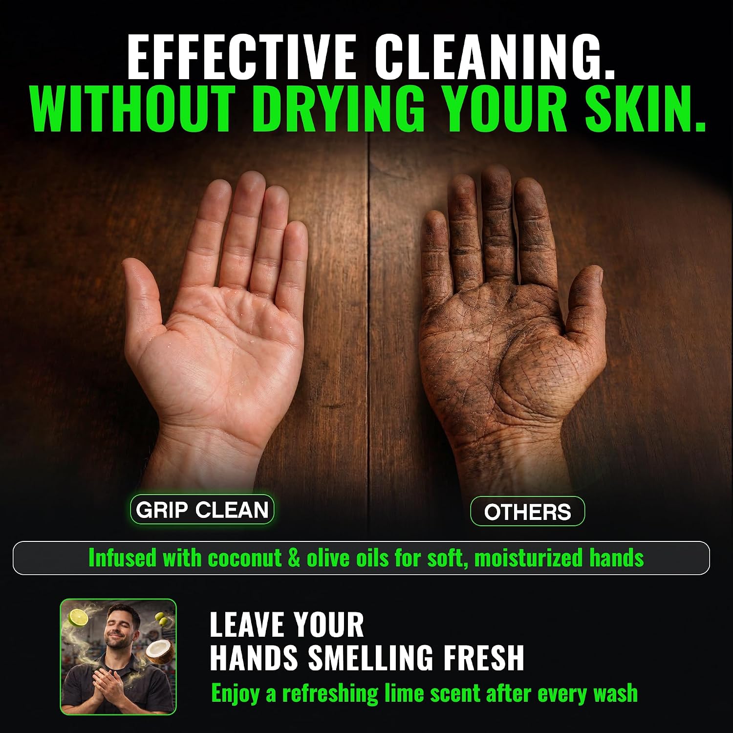Grip Clean Heavy Duty Hand Cleaner For Mechanics, Natural Pumice, 64 Oz | Clay Infused, Grease, Oil, Grime Remover, Moisturizing Coconut Olive Oils, Lime Scent, For Shop, Garage, Industrial Use