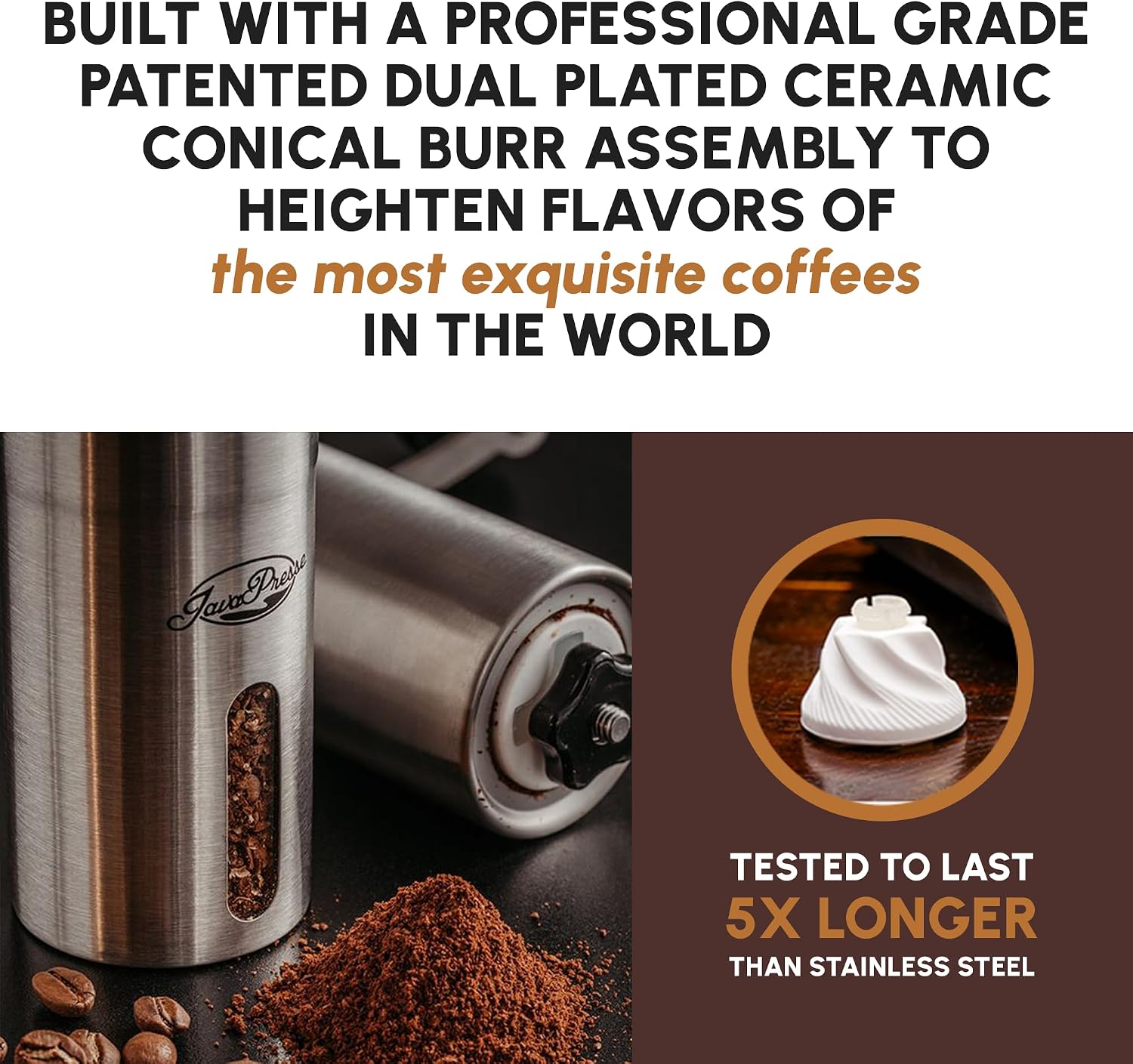 Manual Stainless Steel Coffee Grinder - 18 Adjustable Settings, Portable Conical Burr Grinder for Camping, Travel, Espresso - With Hand Crank