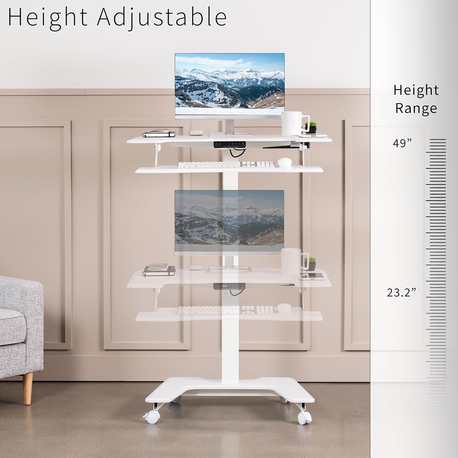 VIVO Black Electric Mobile Height Adjustable 36 inch Dual Platform Standing Desk with Wheels, Rolling Small Space Table, Sit Stand Workstation, DESK-V111VT