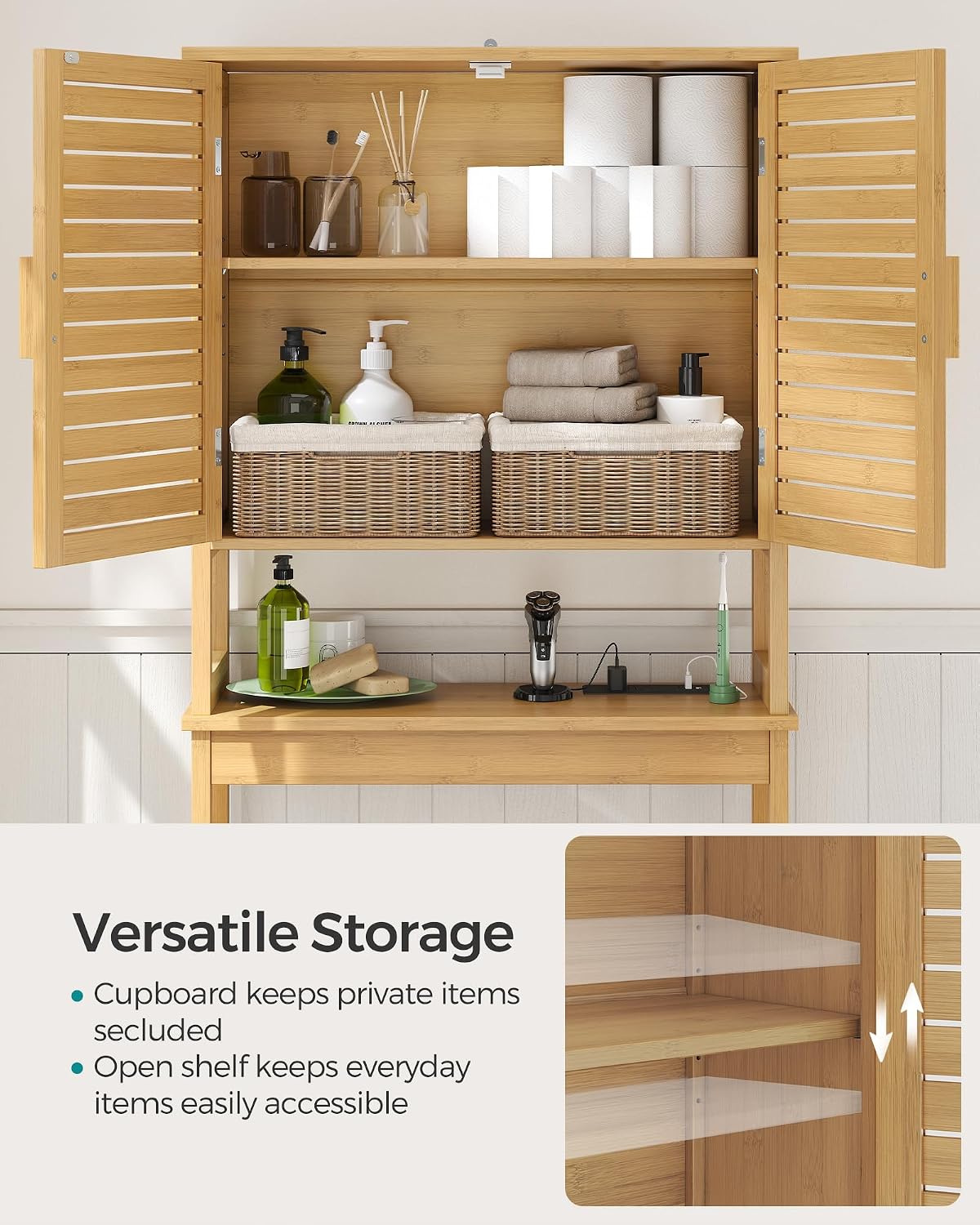 SONGMICS Bamboo Over The Toilet Storage Cabinet, Adjustable Inside Shelf
