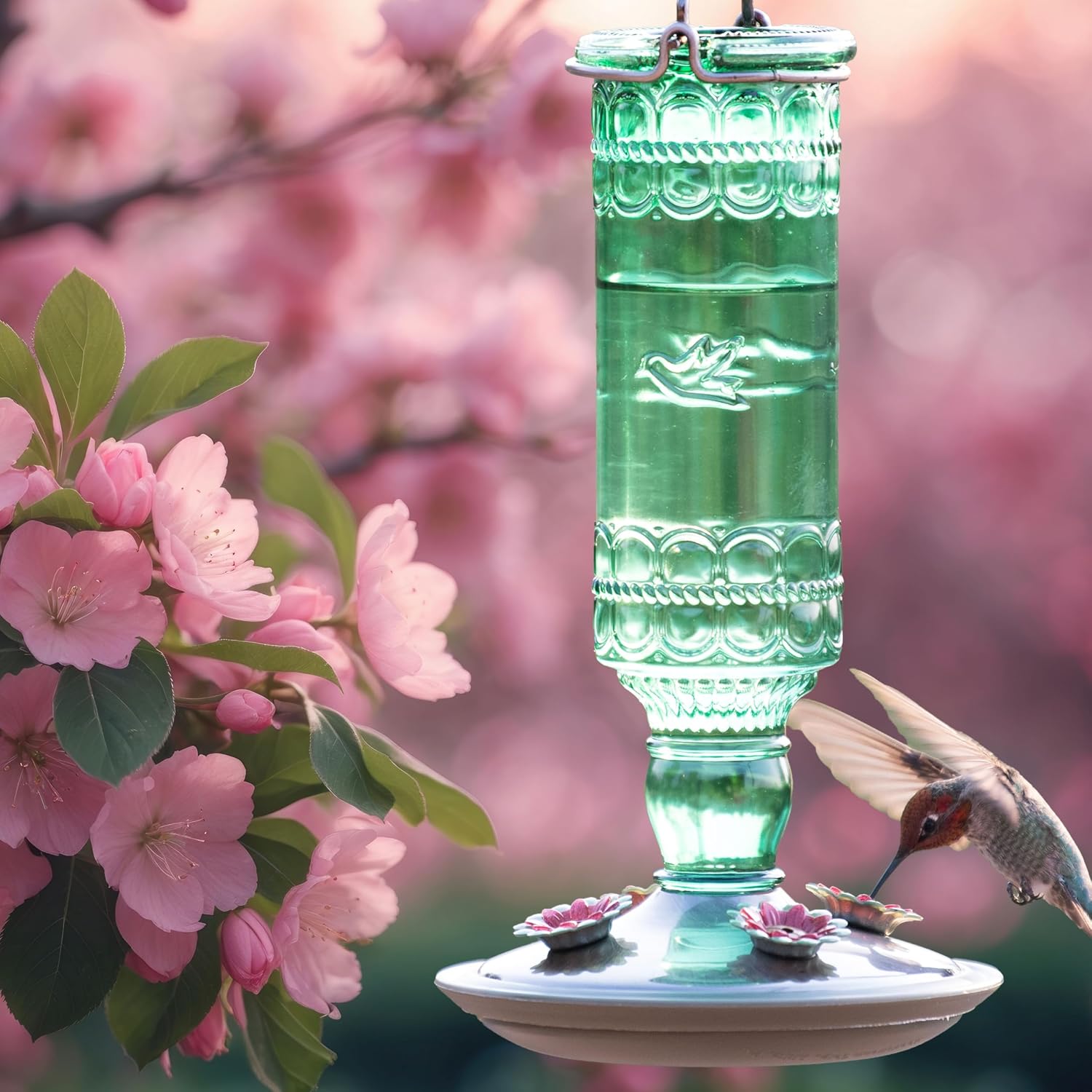 Perky-Pet Antique Glass Bottle Hummingbird Feeder, 10 oz Capacity, Green | 4 Feeding Ports for Outdoors Hanging Bird Feeders, Backyard Garden Décor