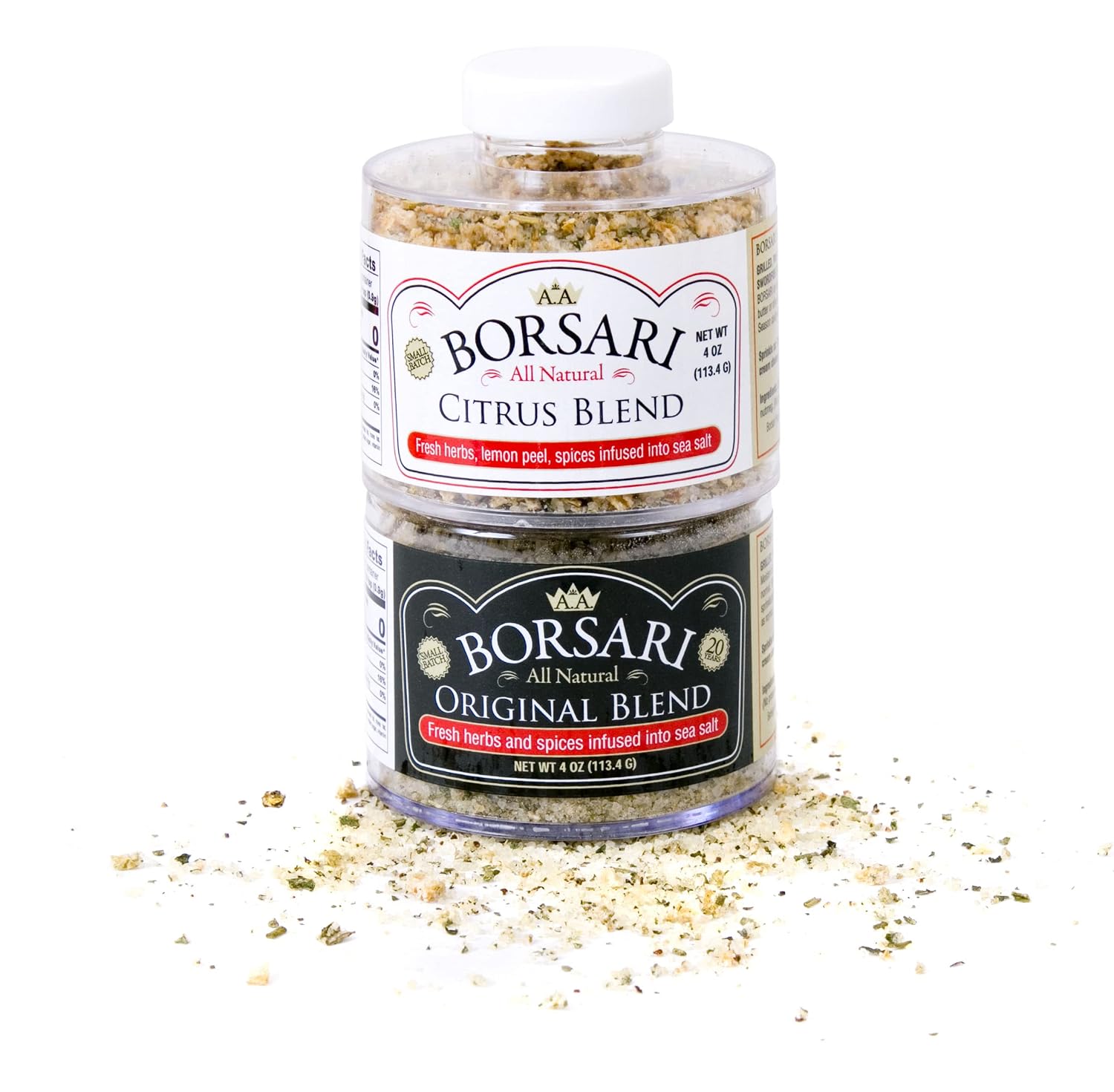 Borsari Seasoned Salt Combo - Multi-Use All Purpose Original and Orange Ginger Seasonings - Gourmet Sea Salt Blends With Herbs and Spices - Set of 2, 4 oz Shaker Bottles