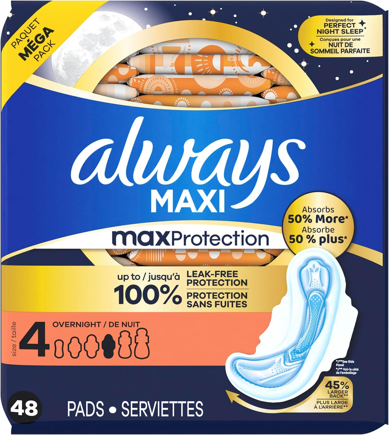 Always Maxi Overnight Feminine Pads with Wings for Women, Size 4, Overnight Absorbency, Unscented, Up to 100% Leak-Free Protection, 48 Count